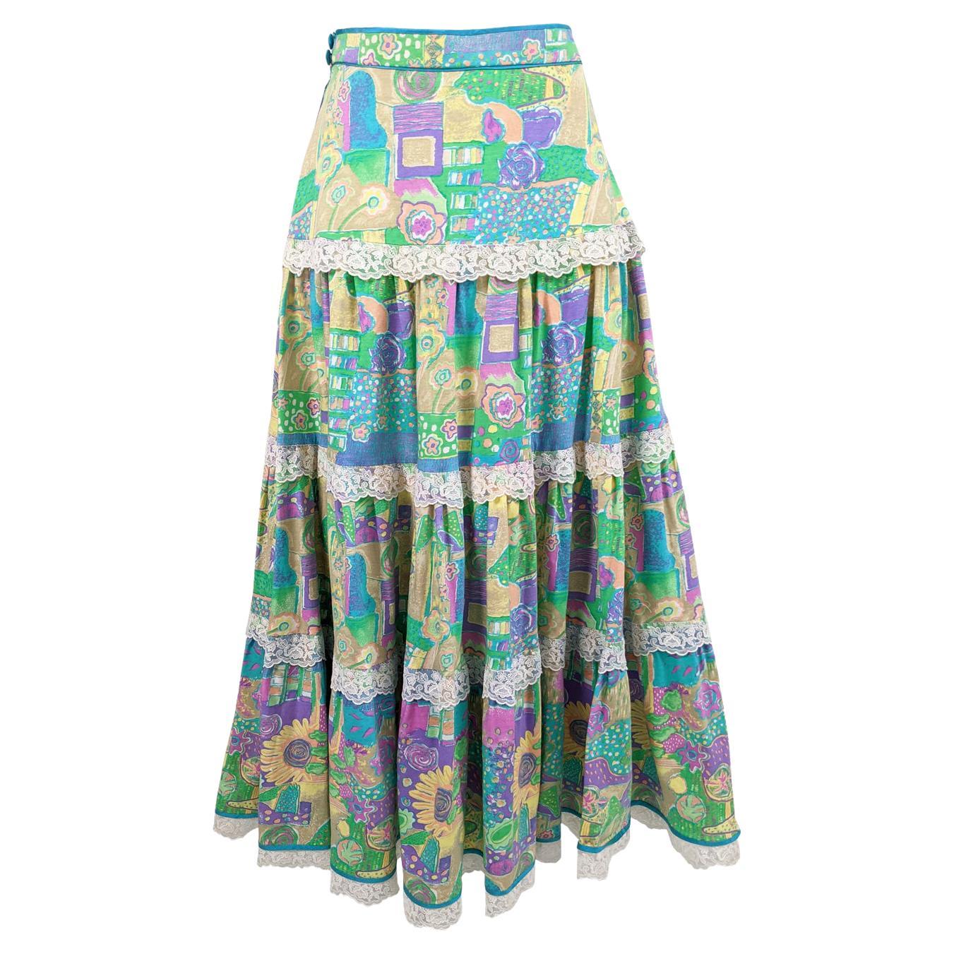 Annabelinda Vintage Tiered Expressionist Print Boho Peasant Maxi Skirt, 1970s For Sale