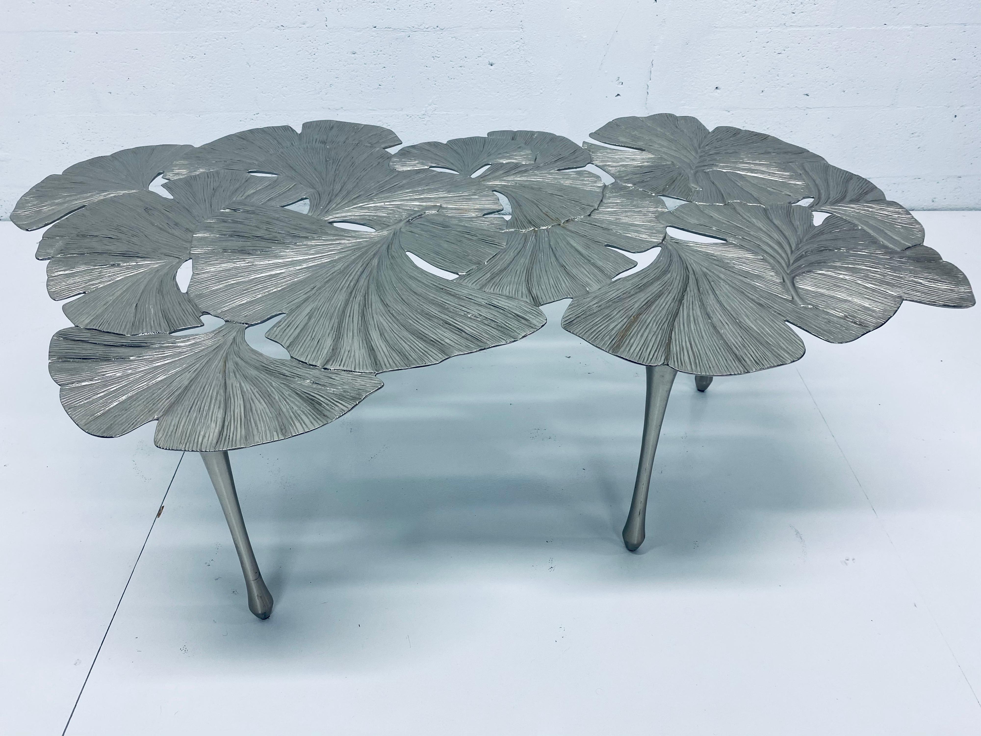 Cast aluminum Ginko Leaf pattern top coffee table with satin nickel finish by Bernhardt Interiors. Part of the Annabella Collection.