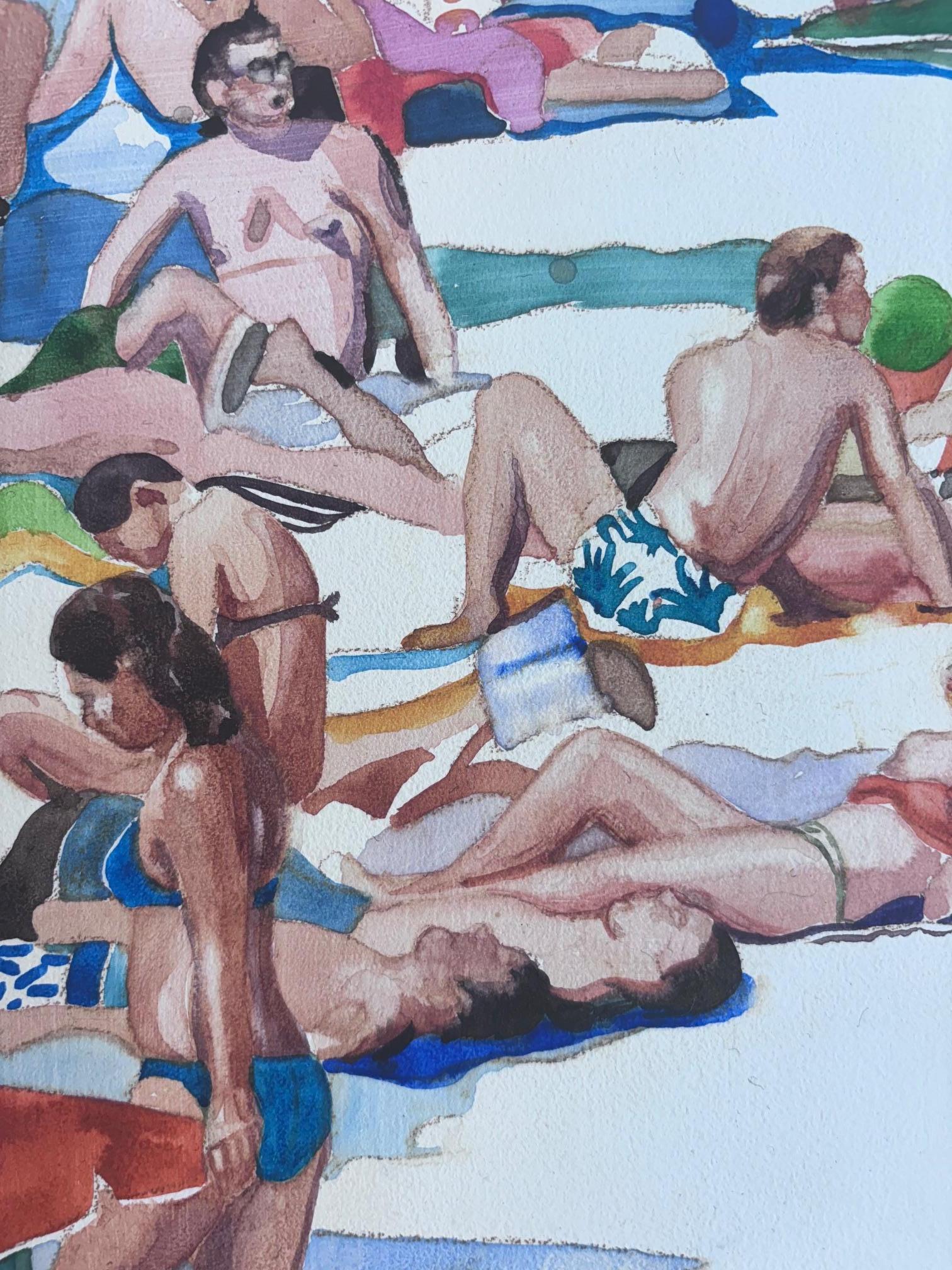 Bliss Beach - peinture figurative originale - œuvre d'art contemporain à l'aquarelle - Marron Figurative Painting par Annabelle Shelton