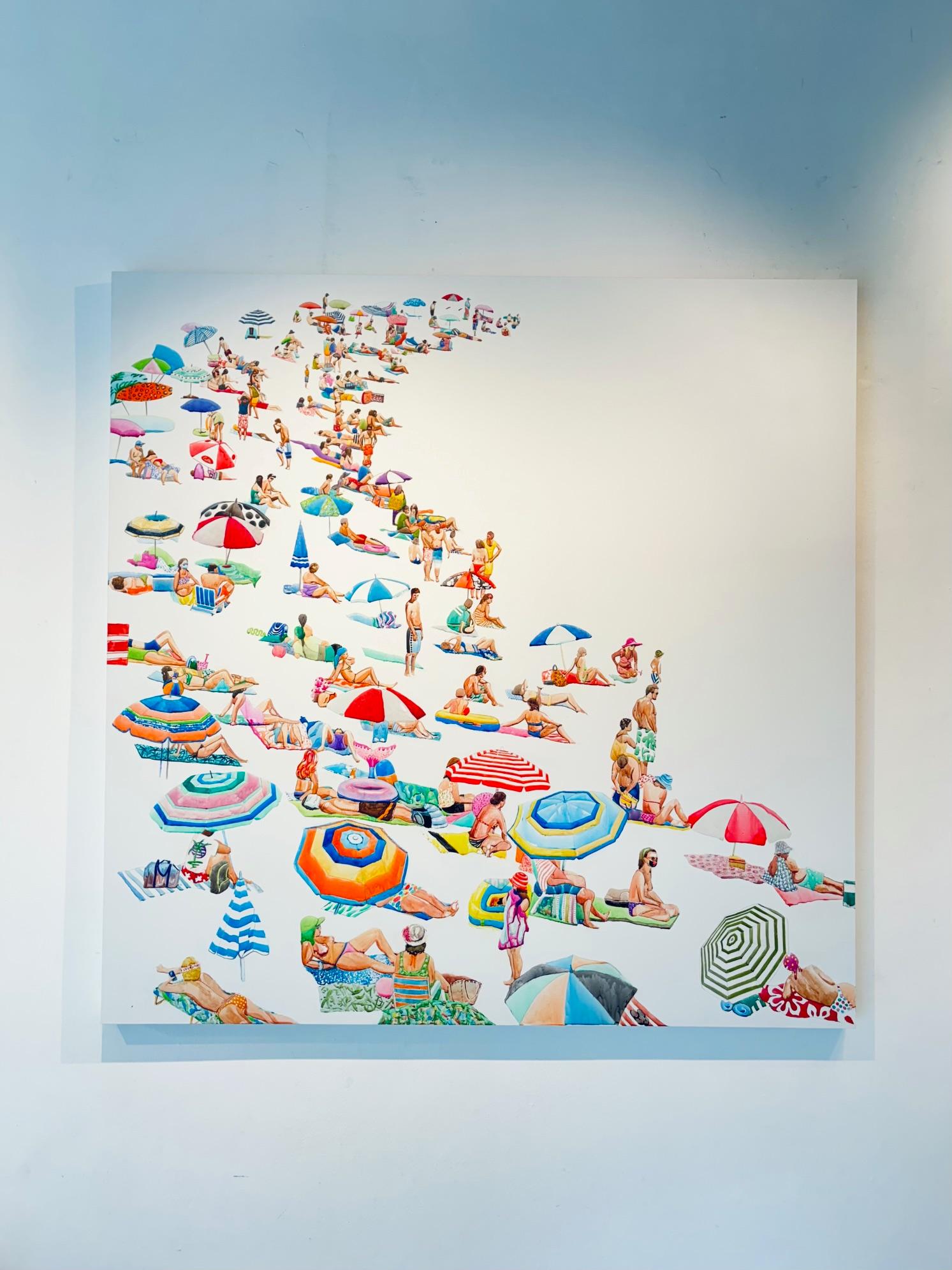 Dieses außergewöhnliche Kunstwerk ist derzeit in der Signet Contemporary Art Gallery und online ausgestellt und zu verkaufen. Fin Beach von Annabelle Shelton ist eine dynamische Erkundung einer belebten Strandszene durch die Linse des abstrakten