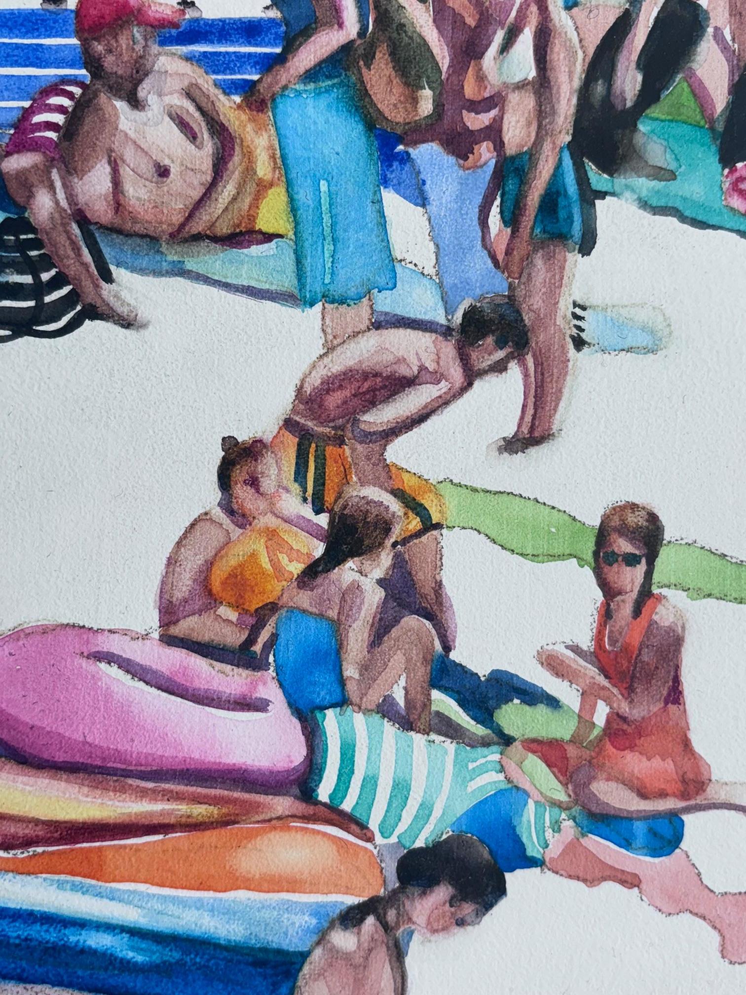 Bateau gonflable Plage - peinture figurative originale- aquarelle contemporaine - Gris Abstract Painting par Annabelle Shelton