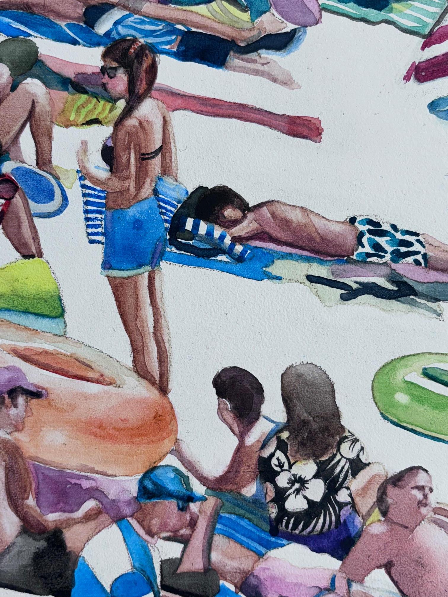 Neon Beach - peinture figurative originale - œuvre d'art contemporain à l'aquarelle - Gris Abstract Painting par Annabelle Shelton