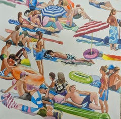Playa de neón - pintura figurativa original - obra de arte contemporánea en acuarela