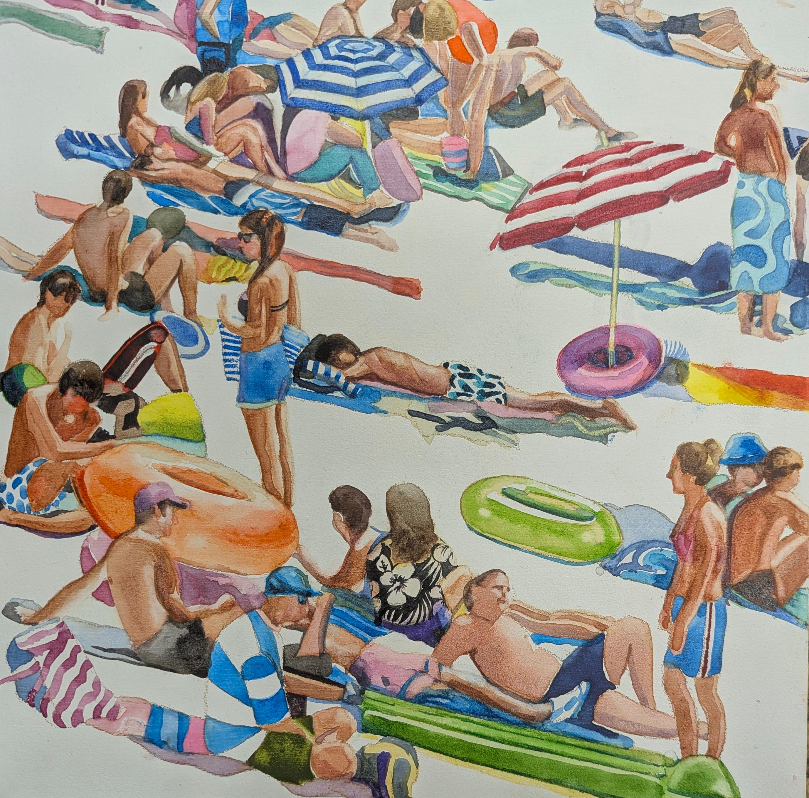 Neon Beach - original figuratives Gemälde - zeitgenössische Aquarellmalerei