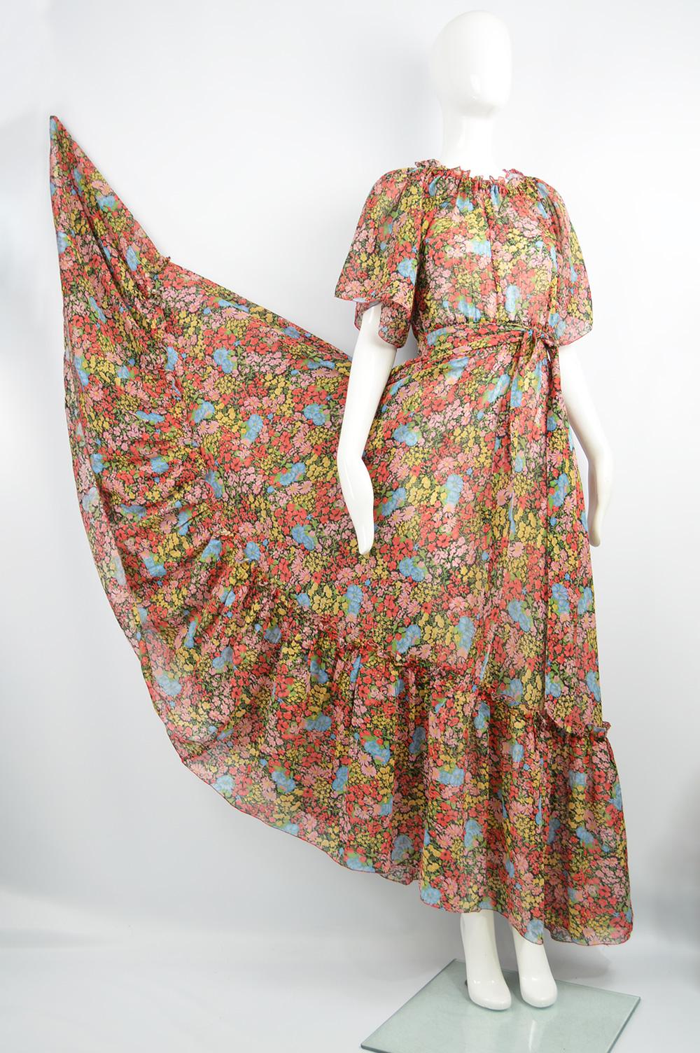 Women's Annacat 1970s Vintage Floral Printed Bohemian Cotton Voile Boho Maxi Dress For Sale