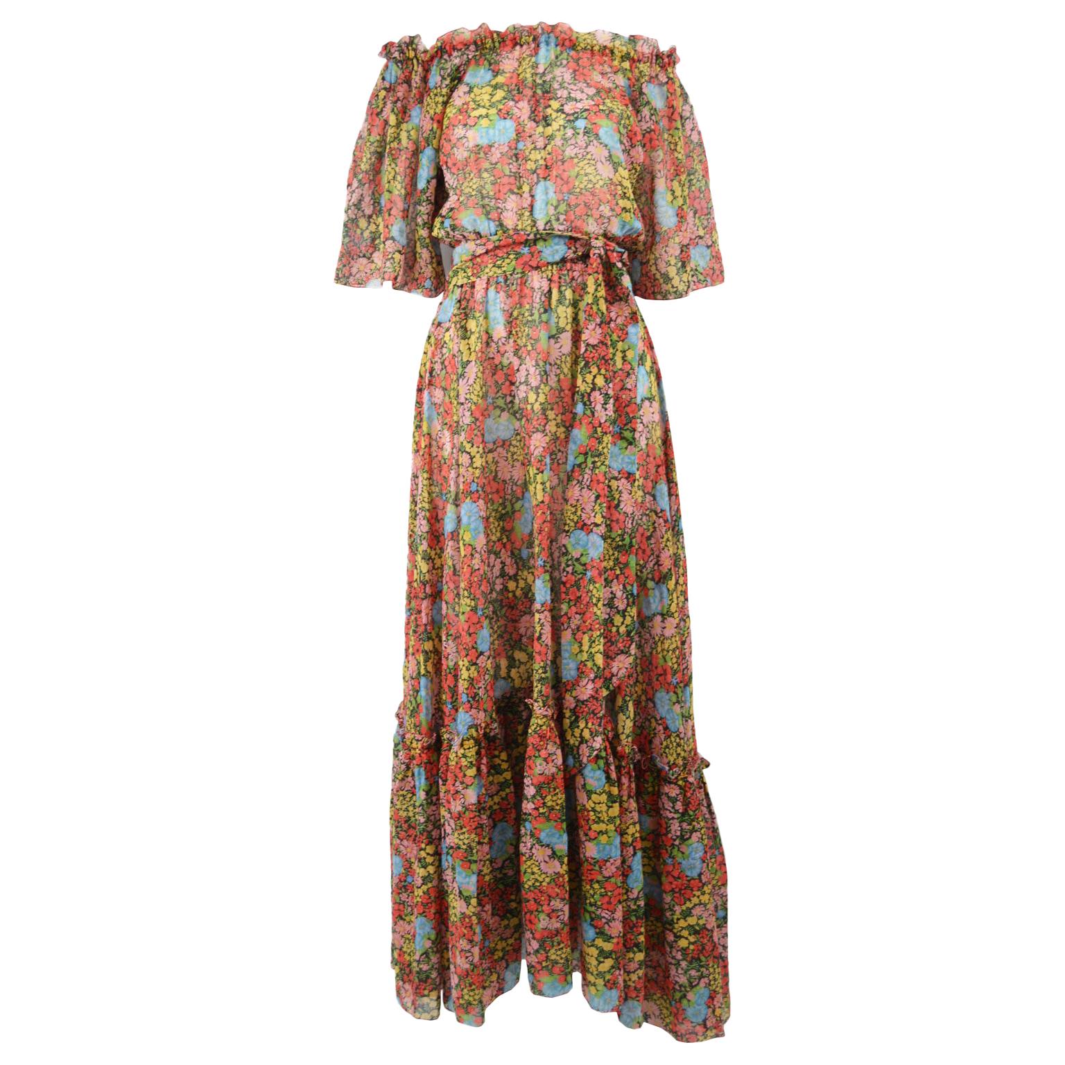 Annacat 1970s Vintage Floral Printed Bohemian Cotton Voile Boho Maxi Dress For Sale