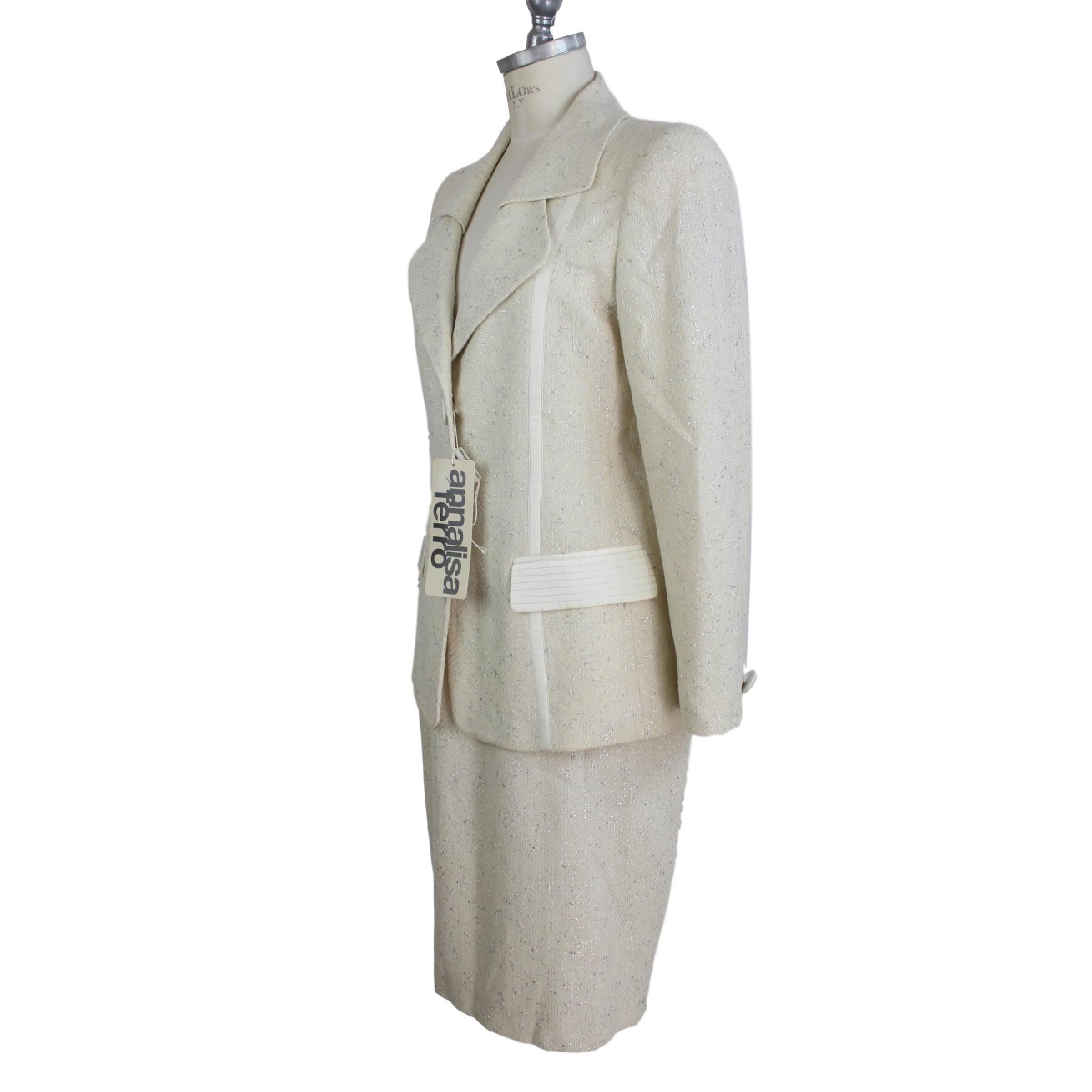 Gray Annalisa Ferro Set Dress Wool and Cotton White Silver Italian Skirt Suit, 1980s For Sale