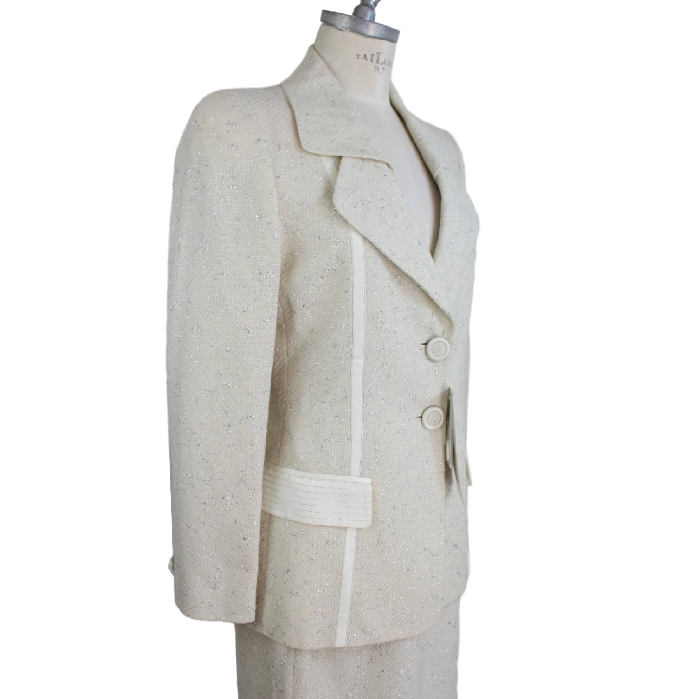 Annalisa Ferro Set Dress Wool and Cotton White Silver Italian Skirt Suit, 1980s In New Condition For Sale In Brindisi, IT