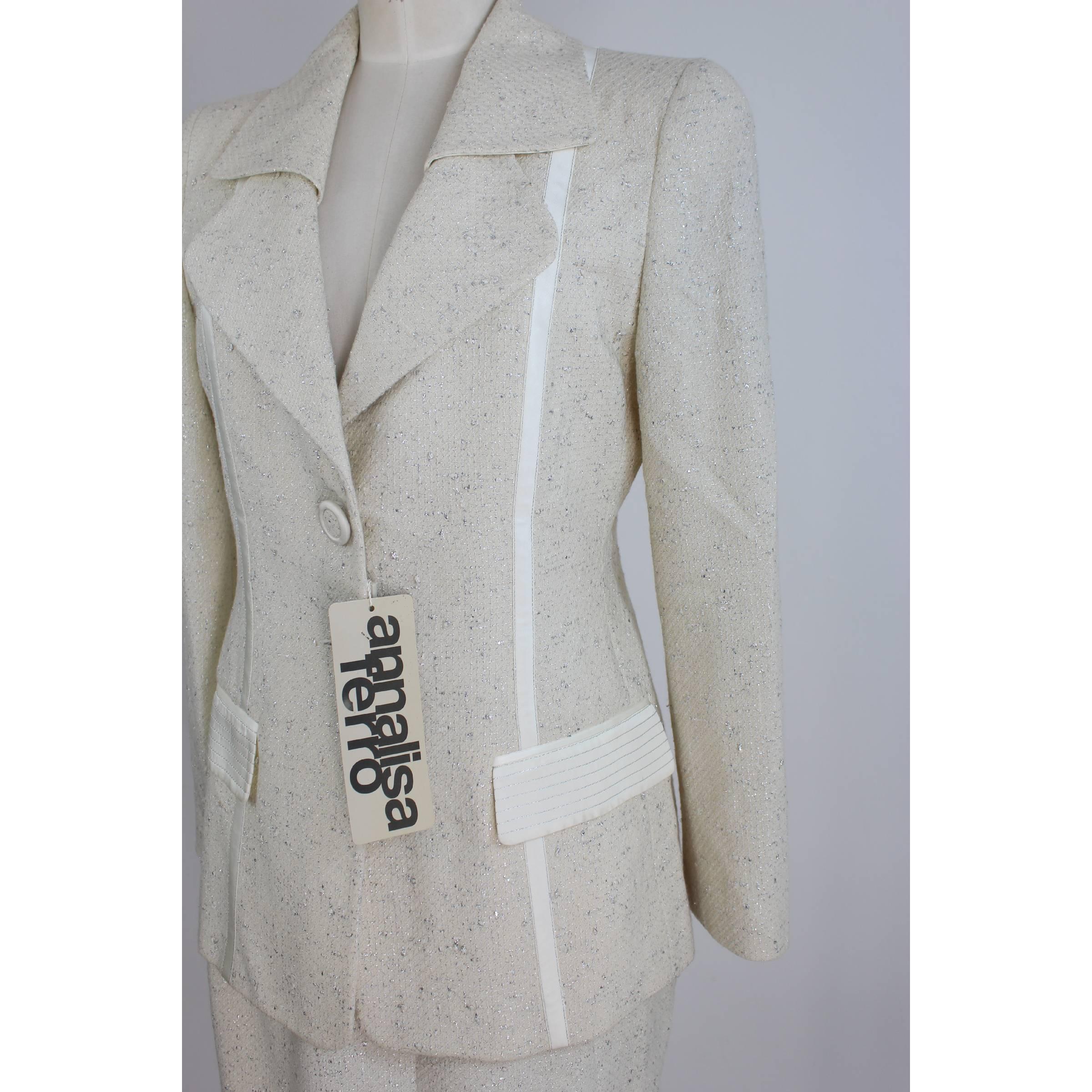Annalisa Ferro Set Dress Wool and Cotton White Silver Italian Skirt Suit, 1980s For Sale 1