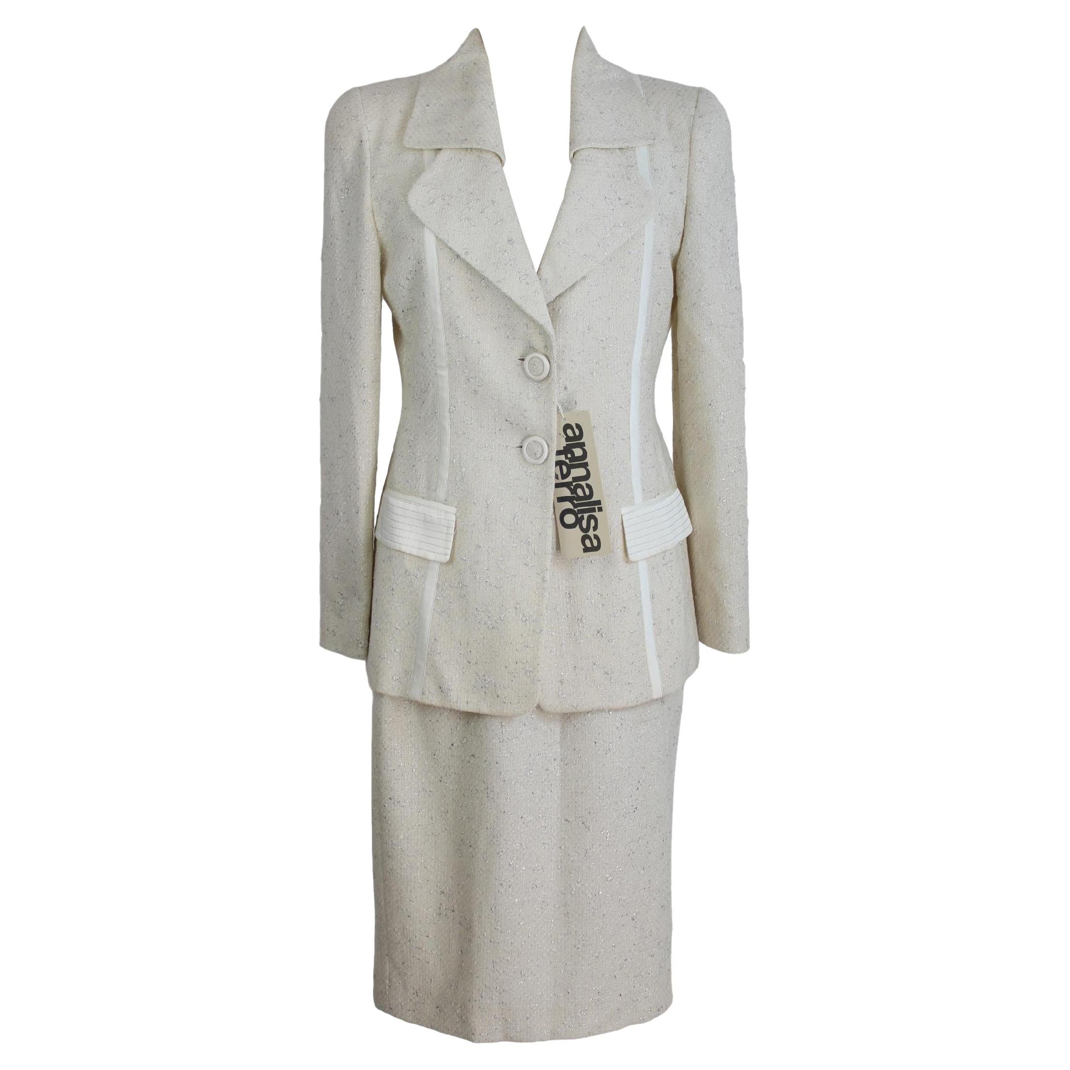 Annalisa Ferro White Silver Wool Cotton Elegant Suit Skirt For Sale