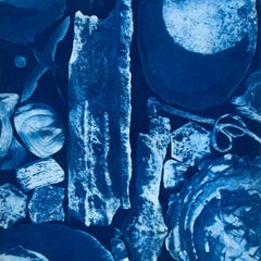 Una cianotipia surrealista sobre satén de algodón, «Lunas, pájaros, rocas»