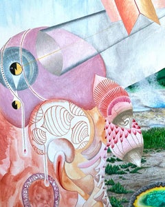 Una pintura acrílica surrealista, "Laminas enredadas"