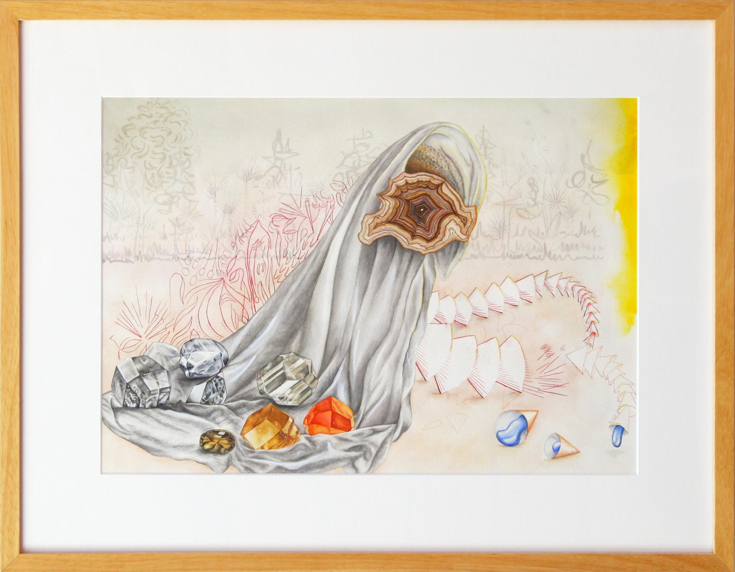 Abstract Painting Annalise Neil - Une aquarelle surréaliste et gouache sur papier aquarelle Arches, "Hindrance"