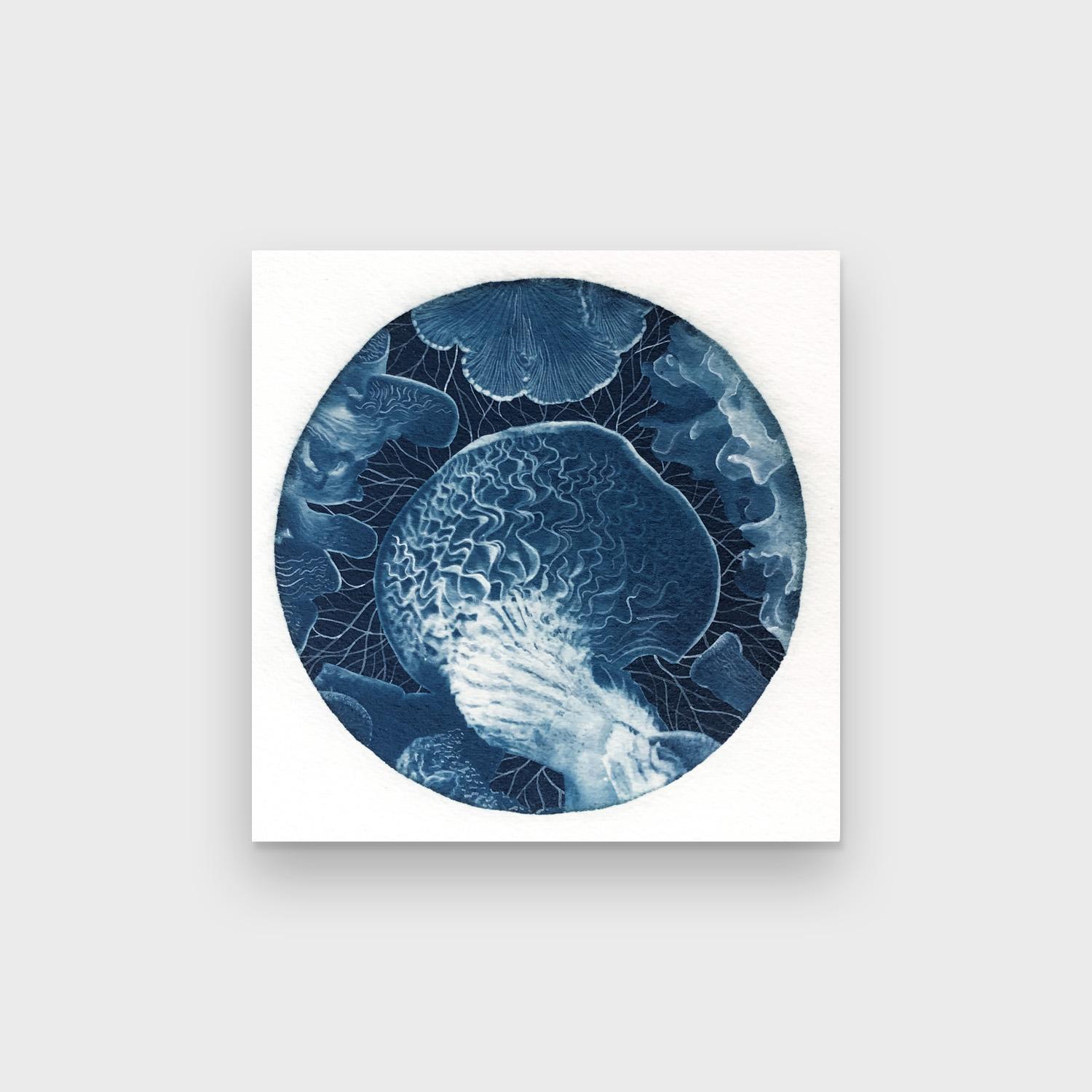 A Conceptually Surreal Watercolor on Cyanotype, "Pink Oyster Mushroom, Jelly..."
