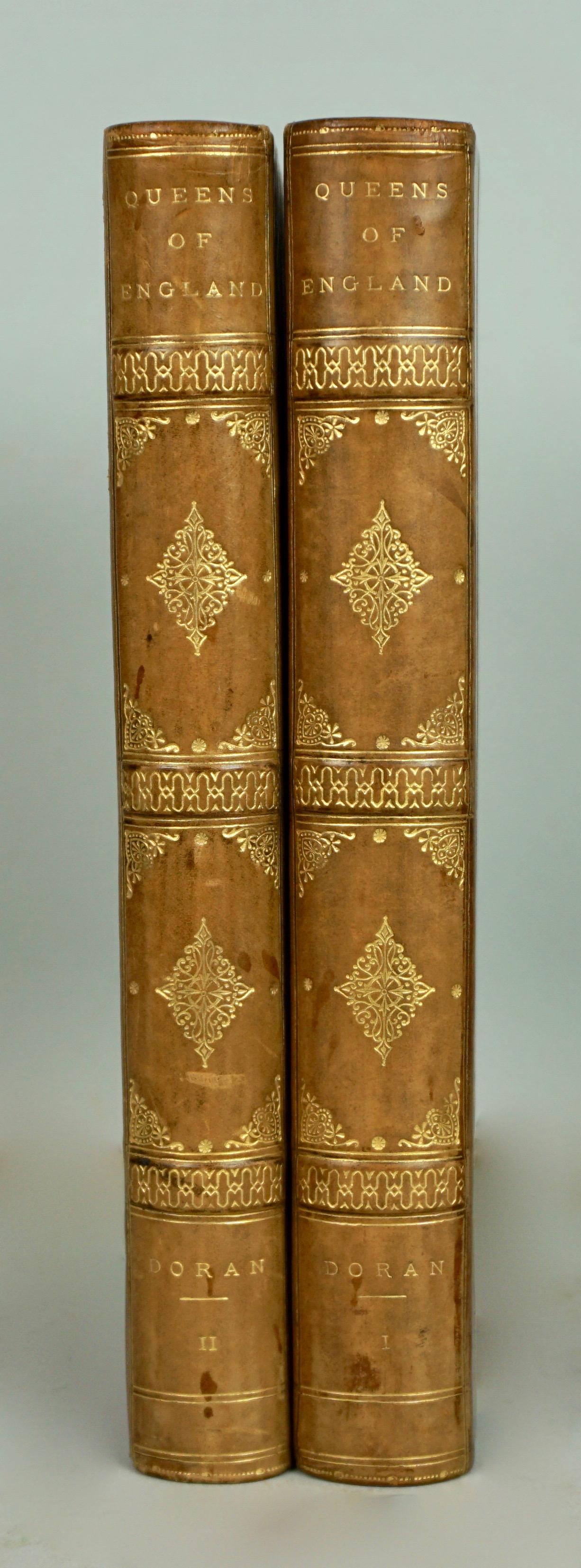 A group of 6 identically bound leather volumes by John Doran: Lives of the Queens of England; Annals of the English Stage; Monarchs Retired from Business. Each title consists of 2 volumes, 3/4 leatherbound with marbleized endpapers and marbled paper