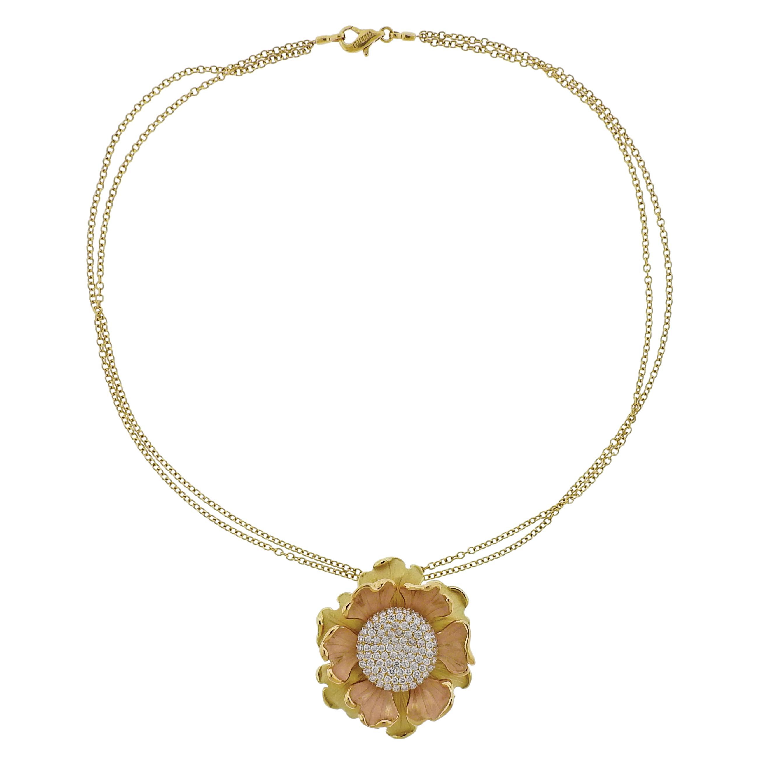 Brand new 18k yellow and rose gold Lirika flower necklace, by Italian designer Annamria Cammilli, set with 3.08ctw in GH/VS diamonds. Comes with box and COA, retail $19030. Necklace is 16