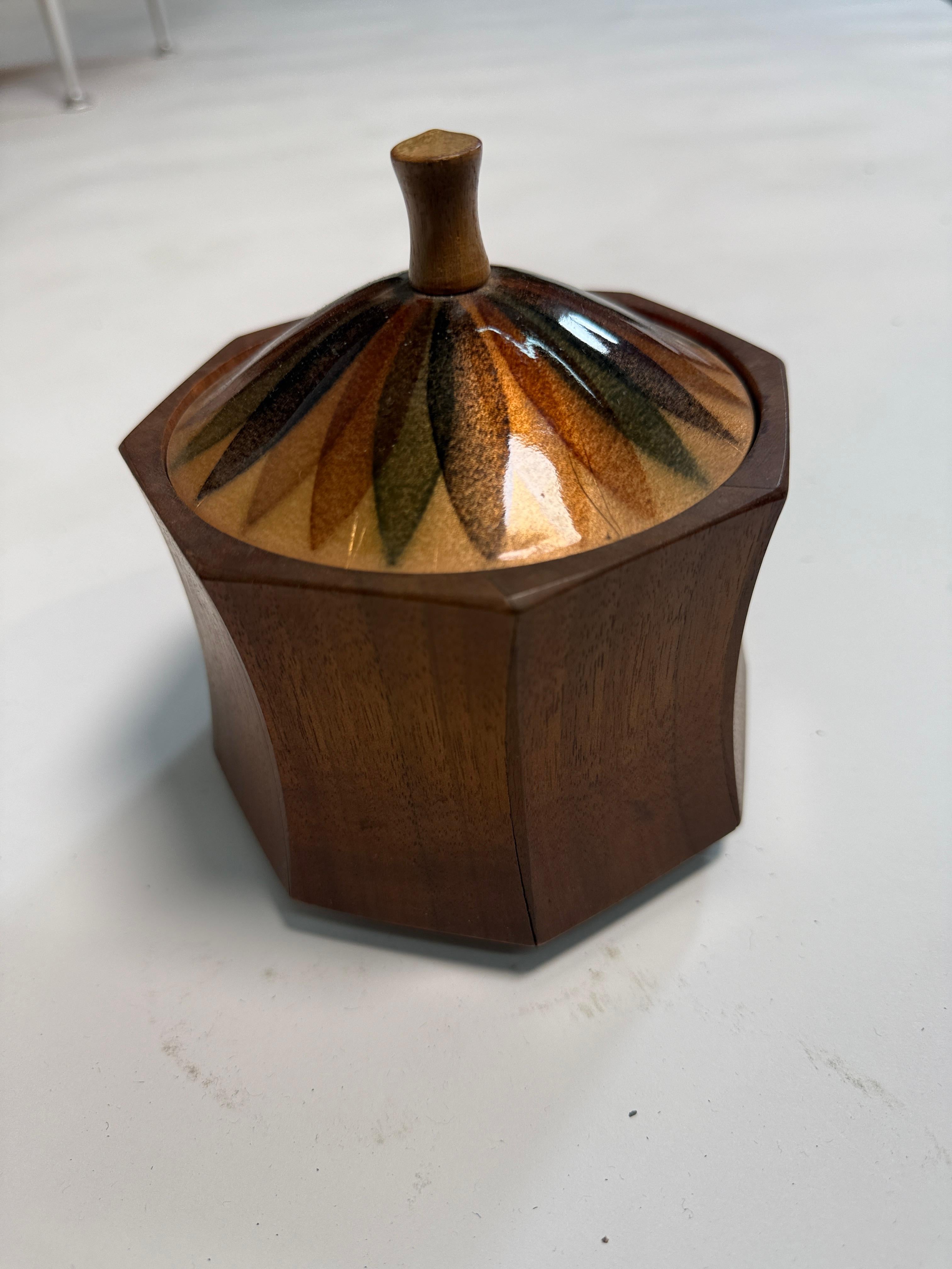 Annamarie Davidson Copper Enamel Plate & Lidded Wood Bowl – For Sale 6