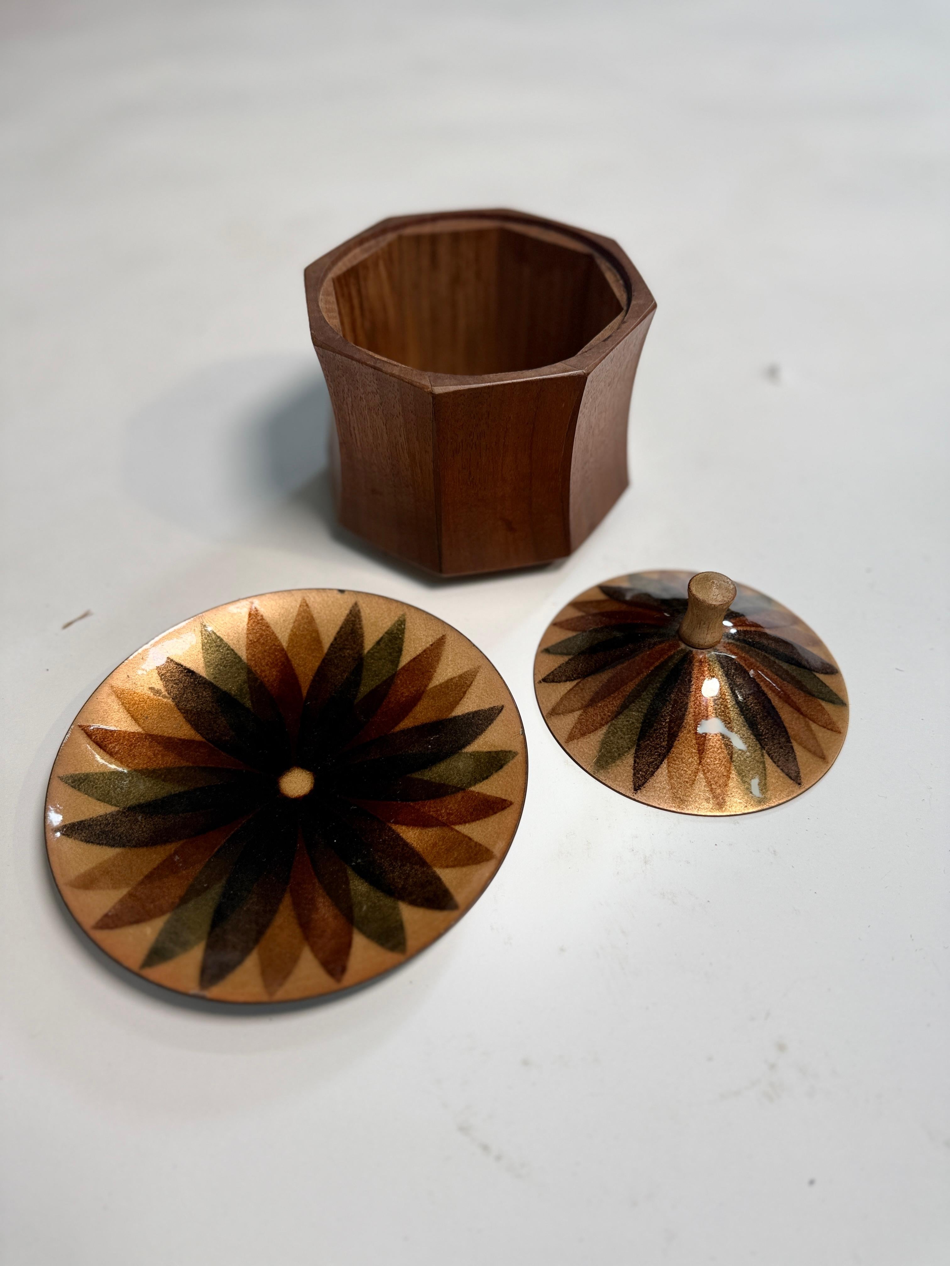 Annamarie Davidson Copper Enamel Plate & Lidded Wood Bowl – For Sale 10