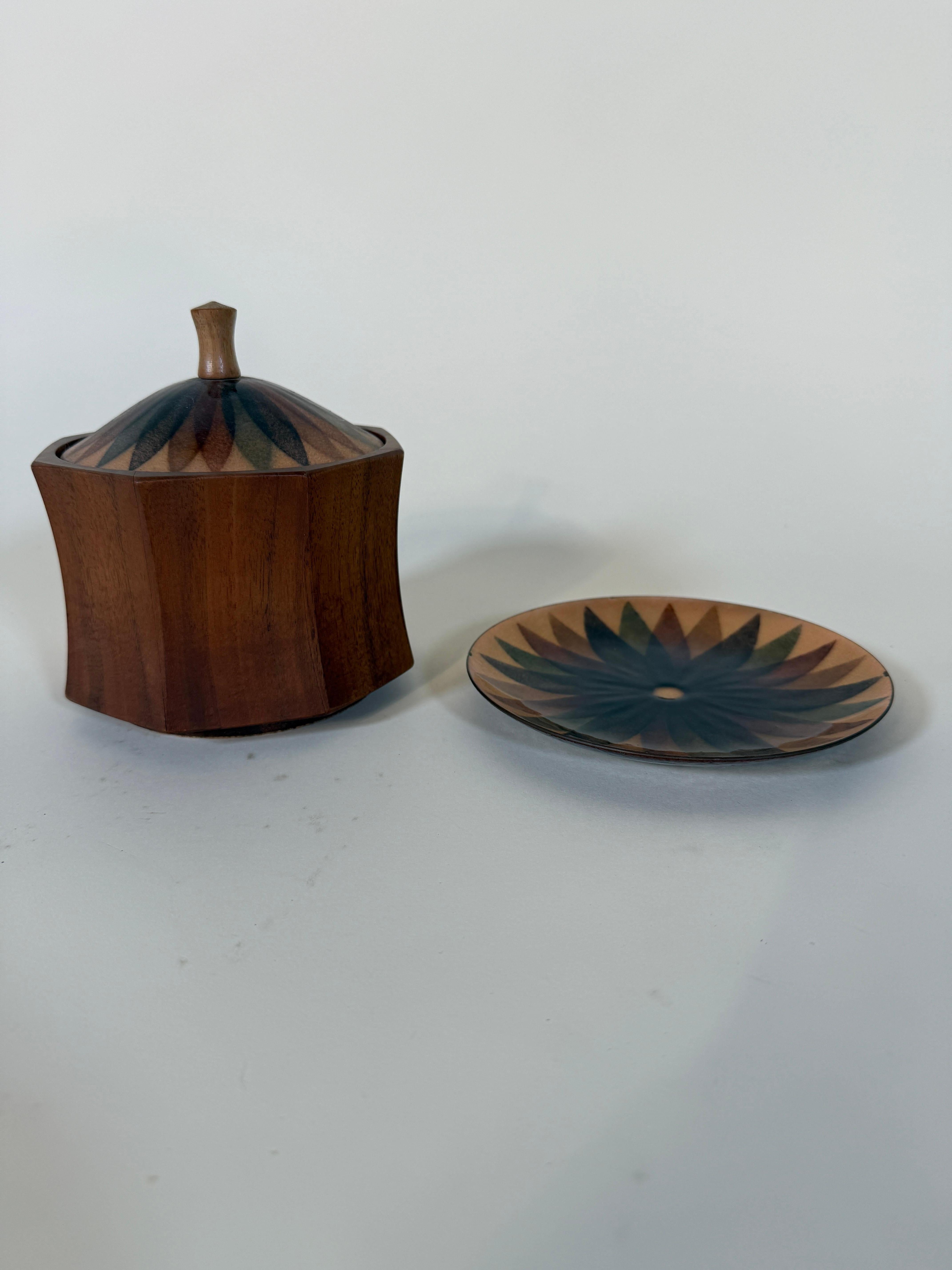 Mid-20th Century Annamarie Davidson Copper Enamel Plate & Lidded Wood Bowl – For Sale