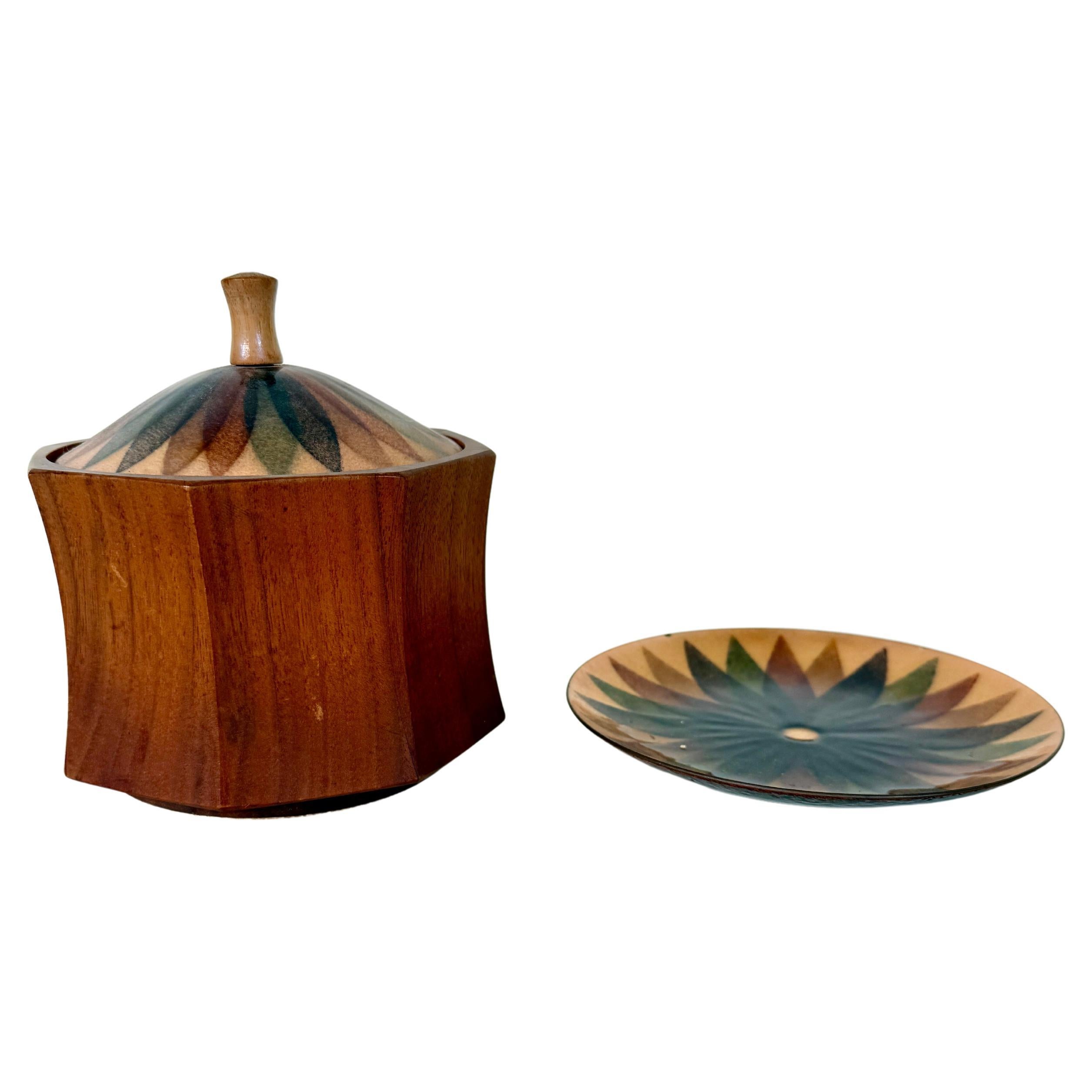 Annamarie Davidson Copper Enamel Plate & Lidded Wood Bowl – For Sale