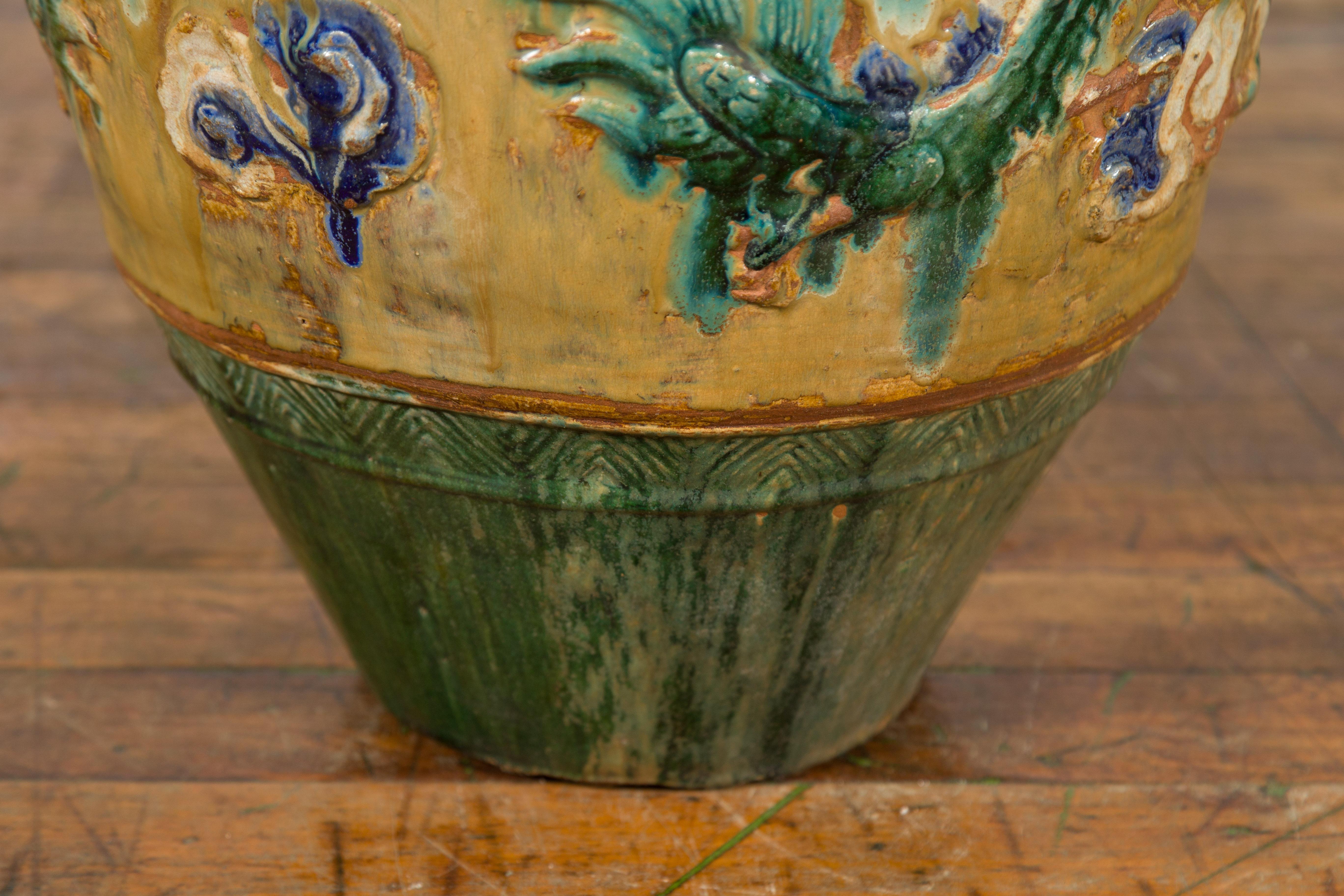 Annamese 17th Century Green Glazed Water Jar with Raised Dragon Motifs 4