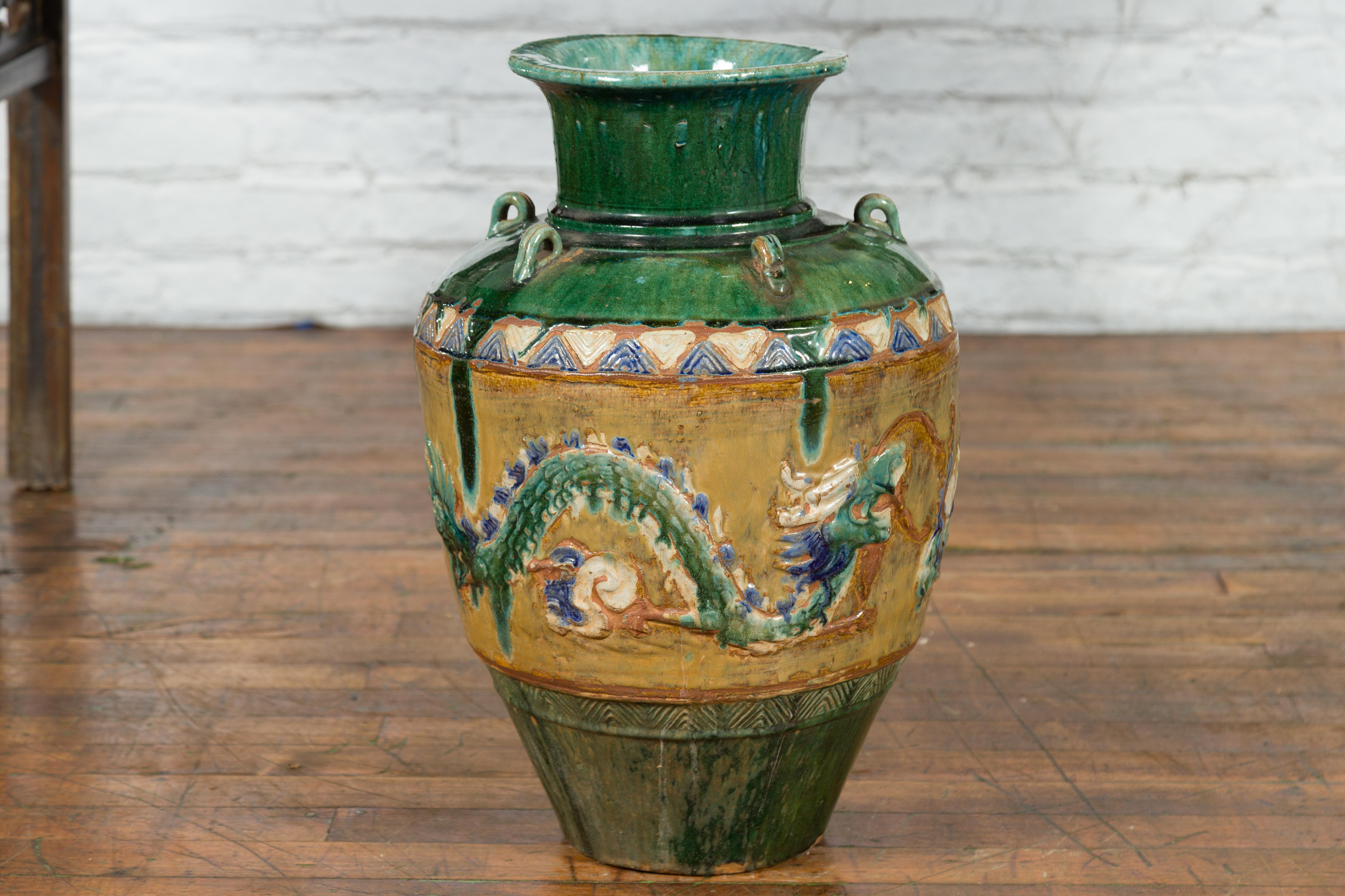 Annamese 17th Century Green Glazed Water Jar with Raised Dragon Motifs 5