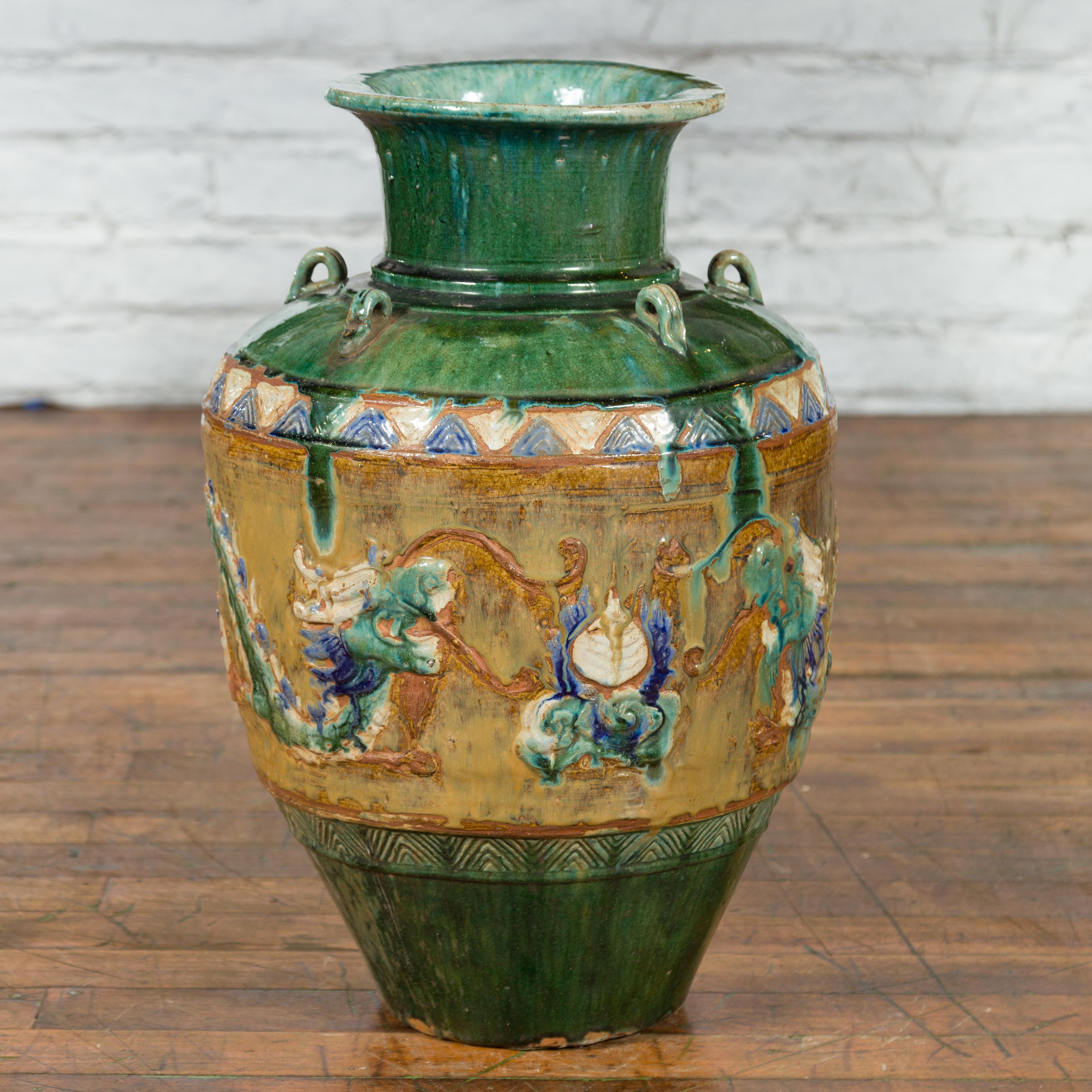 Annamese 17th Century Green Glazed Water Jar with Raised Dragon Motifs 7