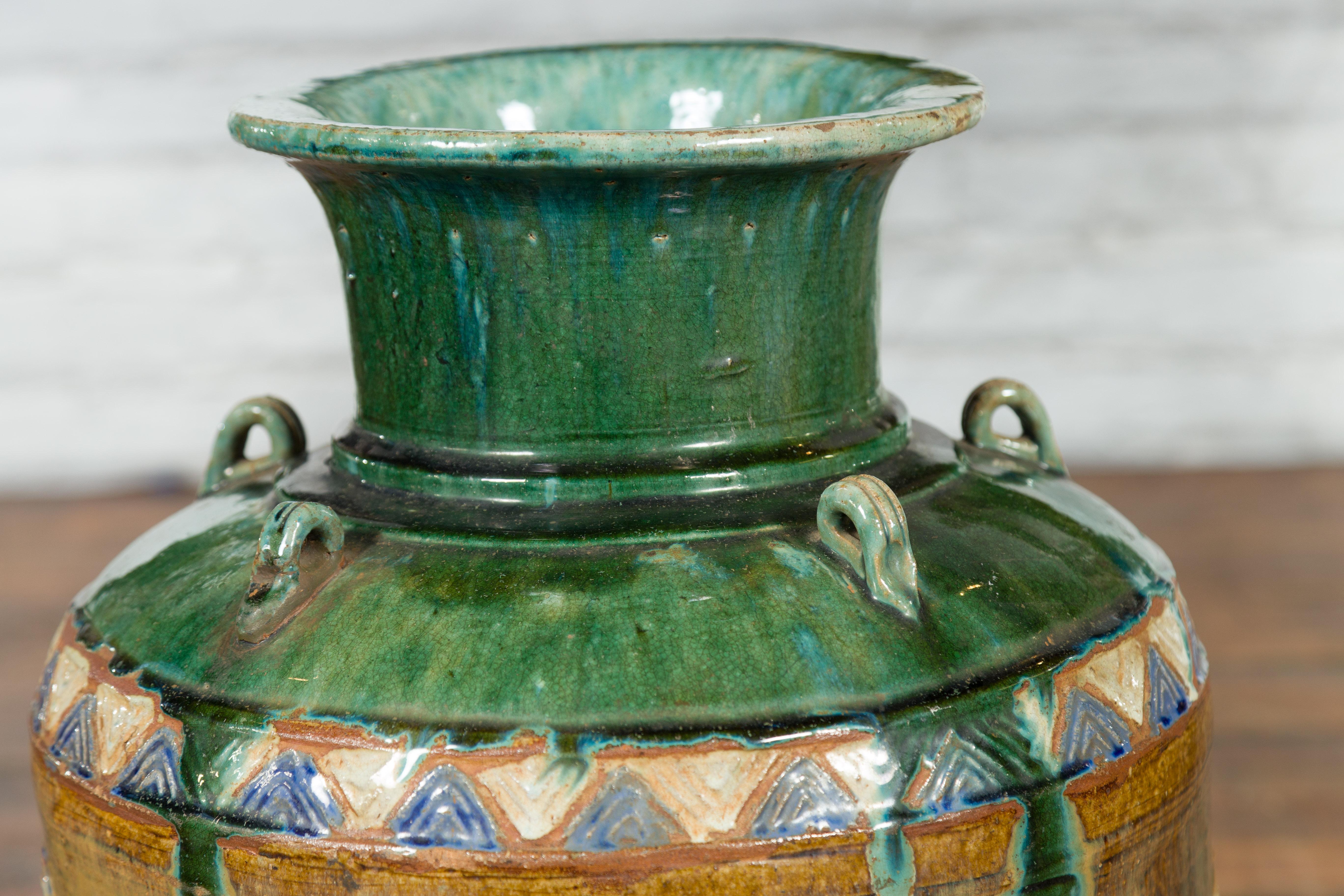 Annamese 17th Century Green Glazed Water Jar with Raised Dragon Motifs 8