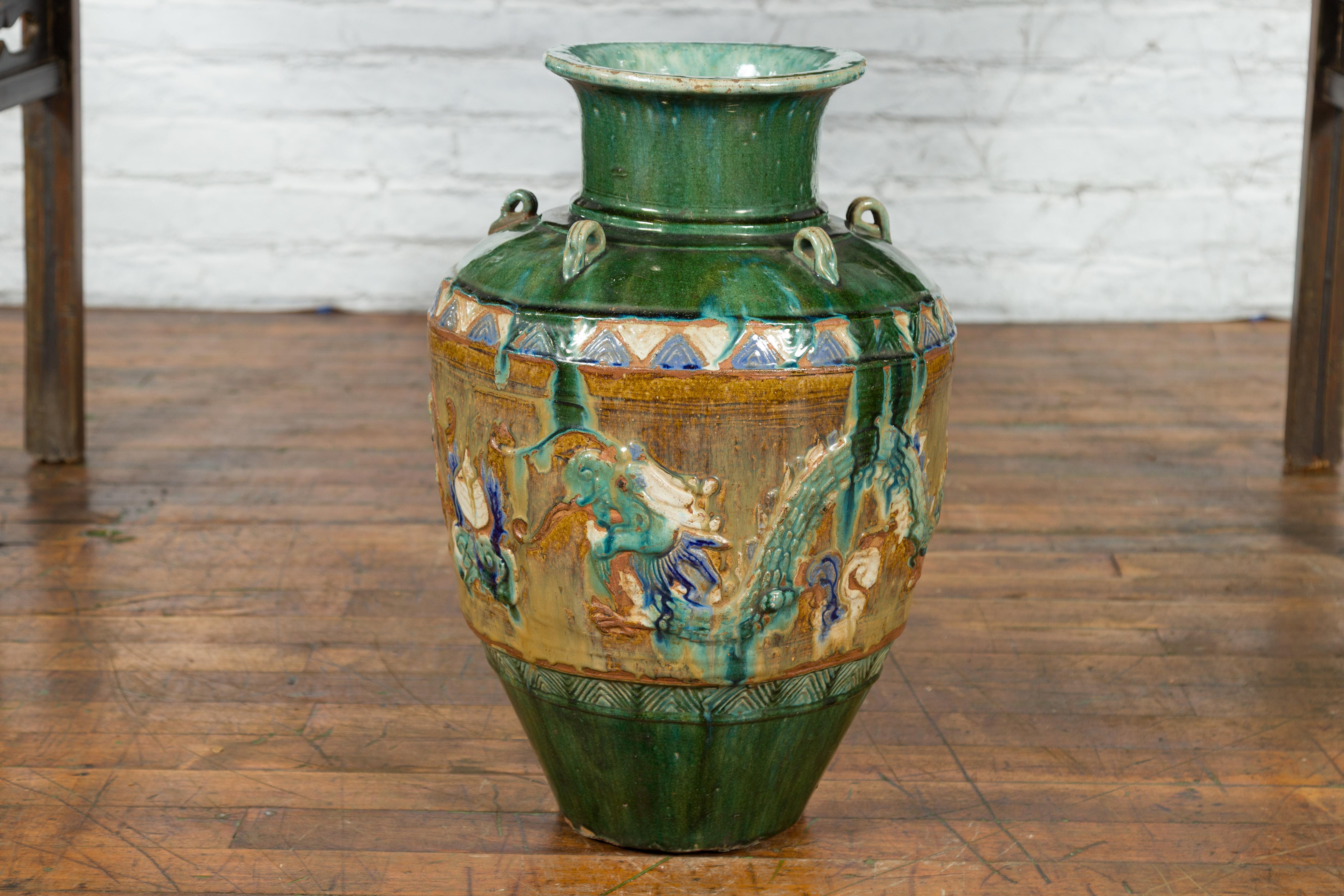 Annamese 17th Century Green Glazed Water Jar with Raised Dragon Motifs 11