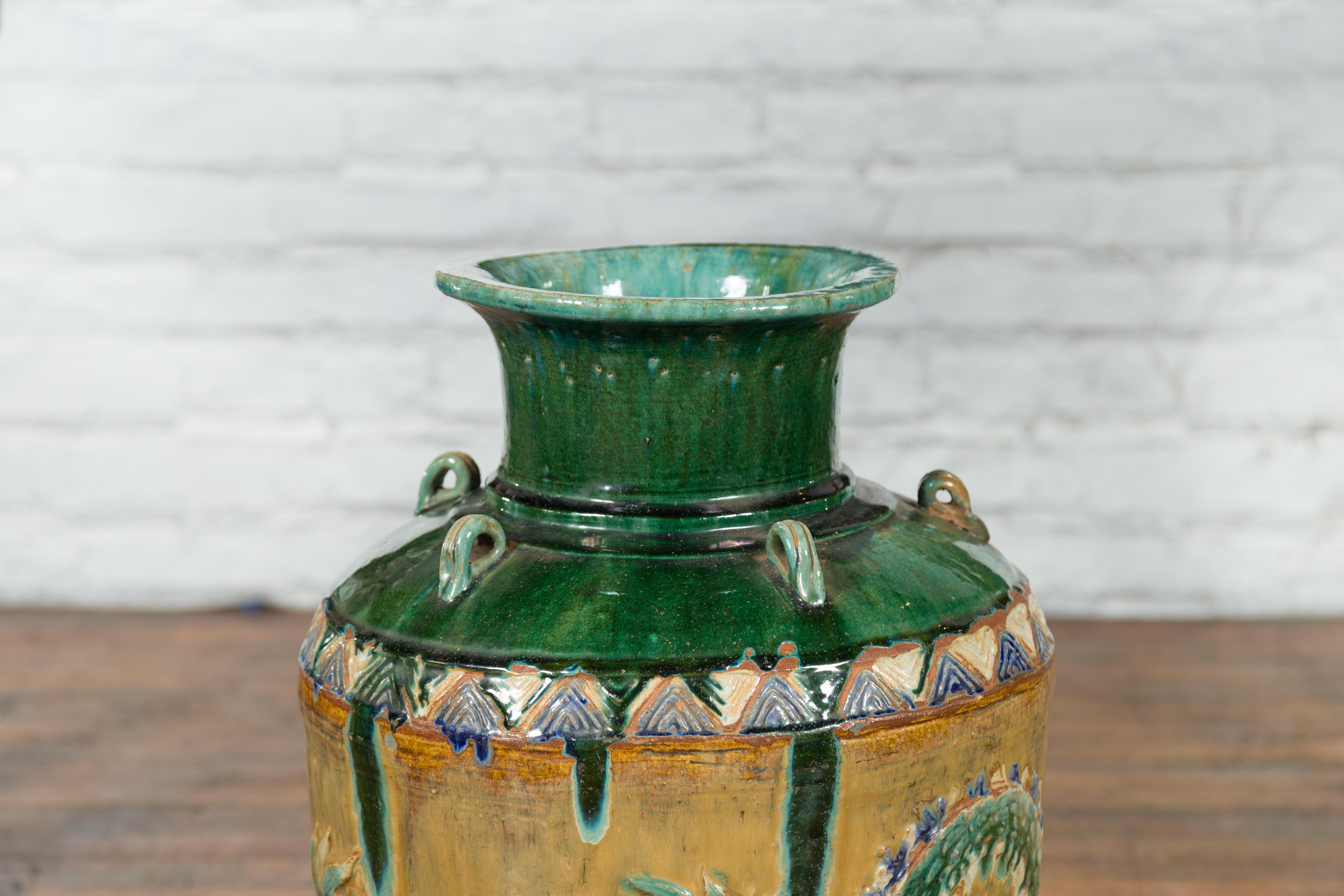 18th Century and Earlier Annamese 17th Century Green Glazed Water Jar with Raised Dragon Motifs