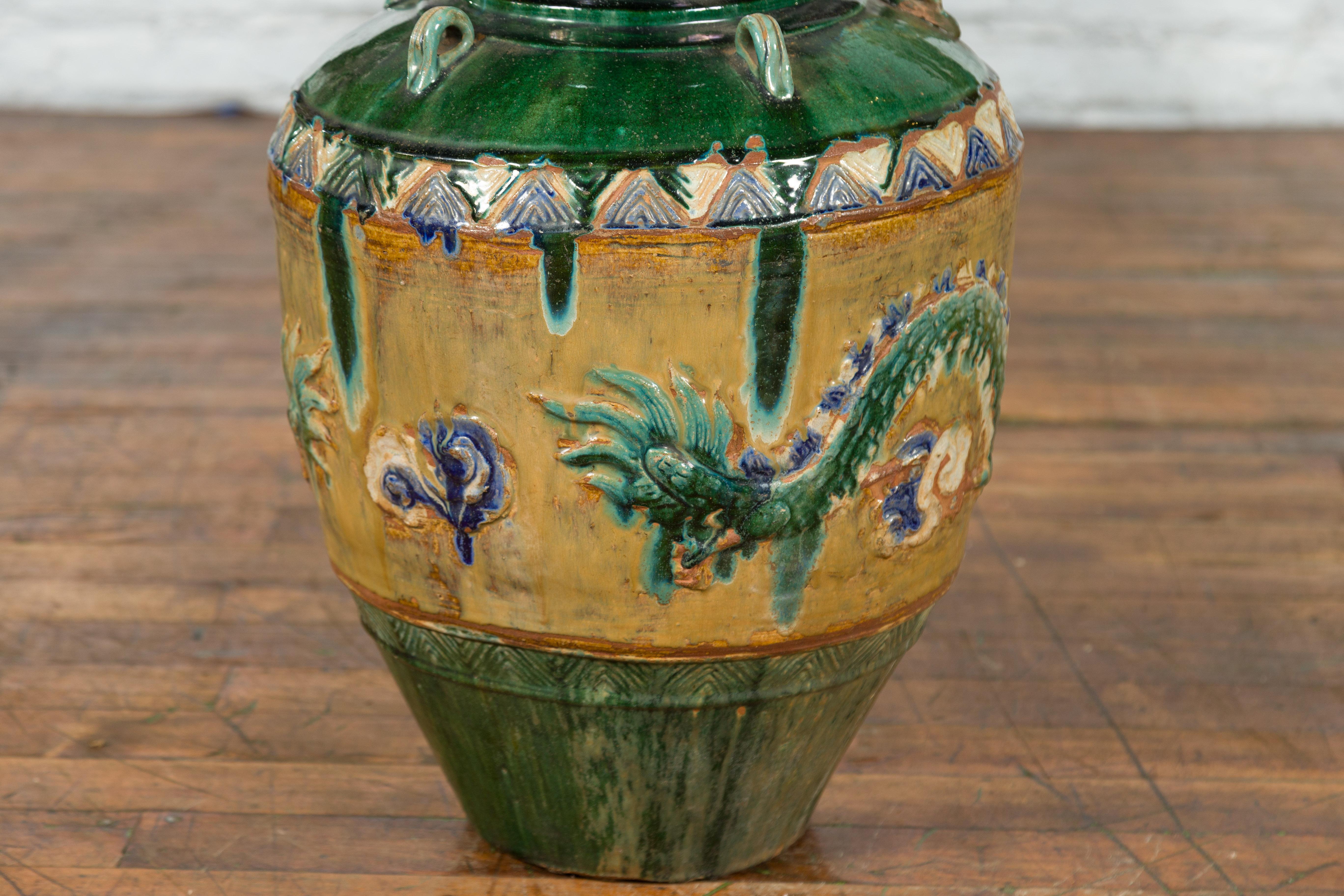 Ceramic Annamese 17th Century Green Glazed Water Jar with Raised Dragon Motifs