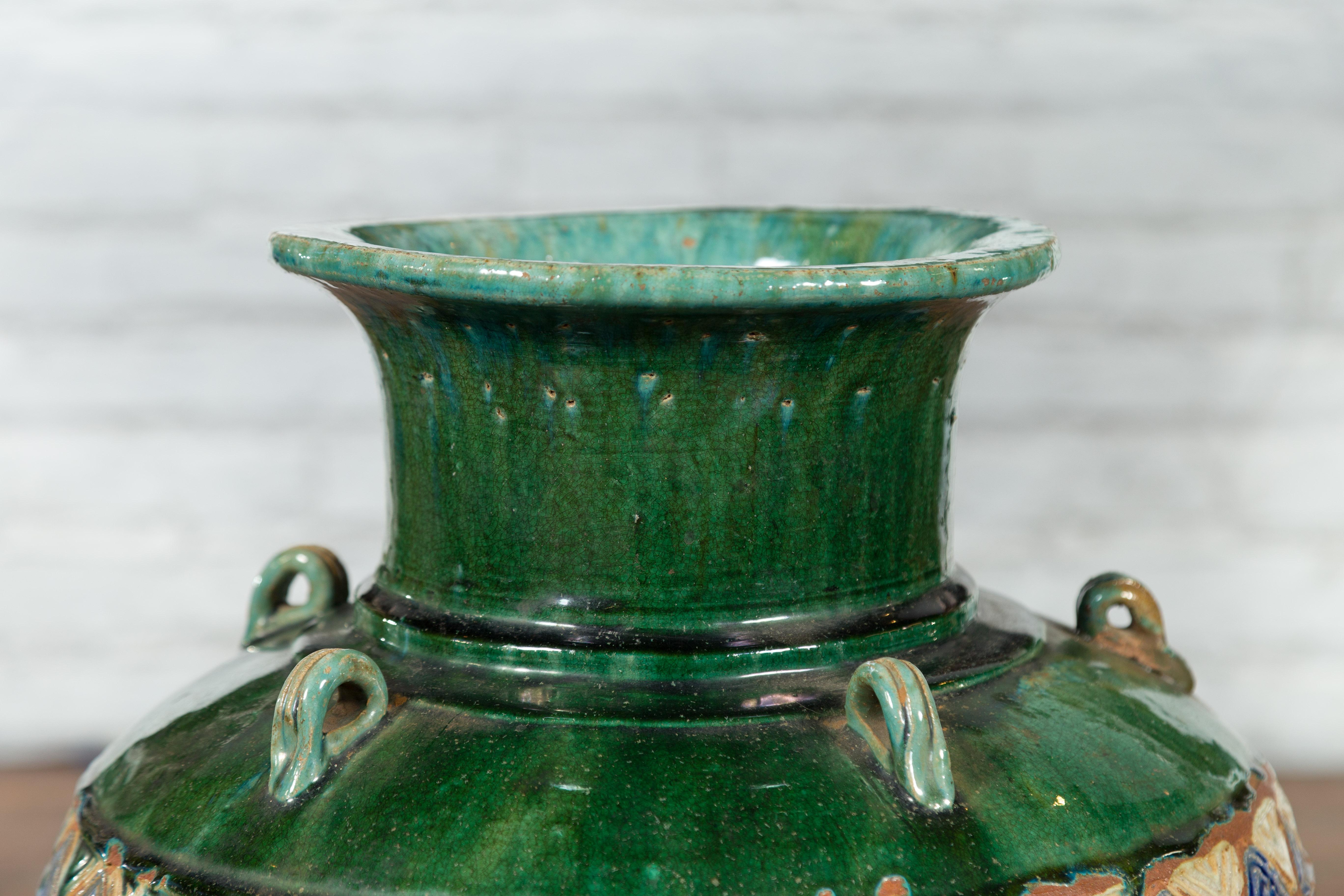 Annamese 17th Century Green Glazed Water Jar with Raised Dragon Motifs 1