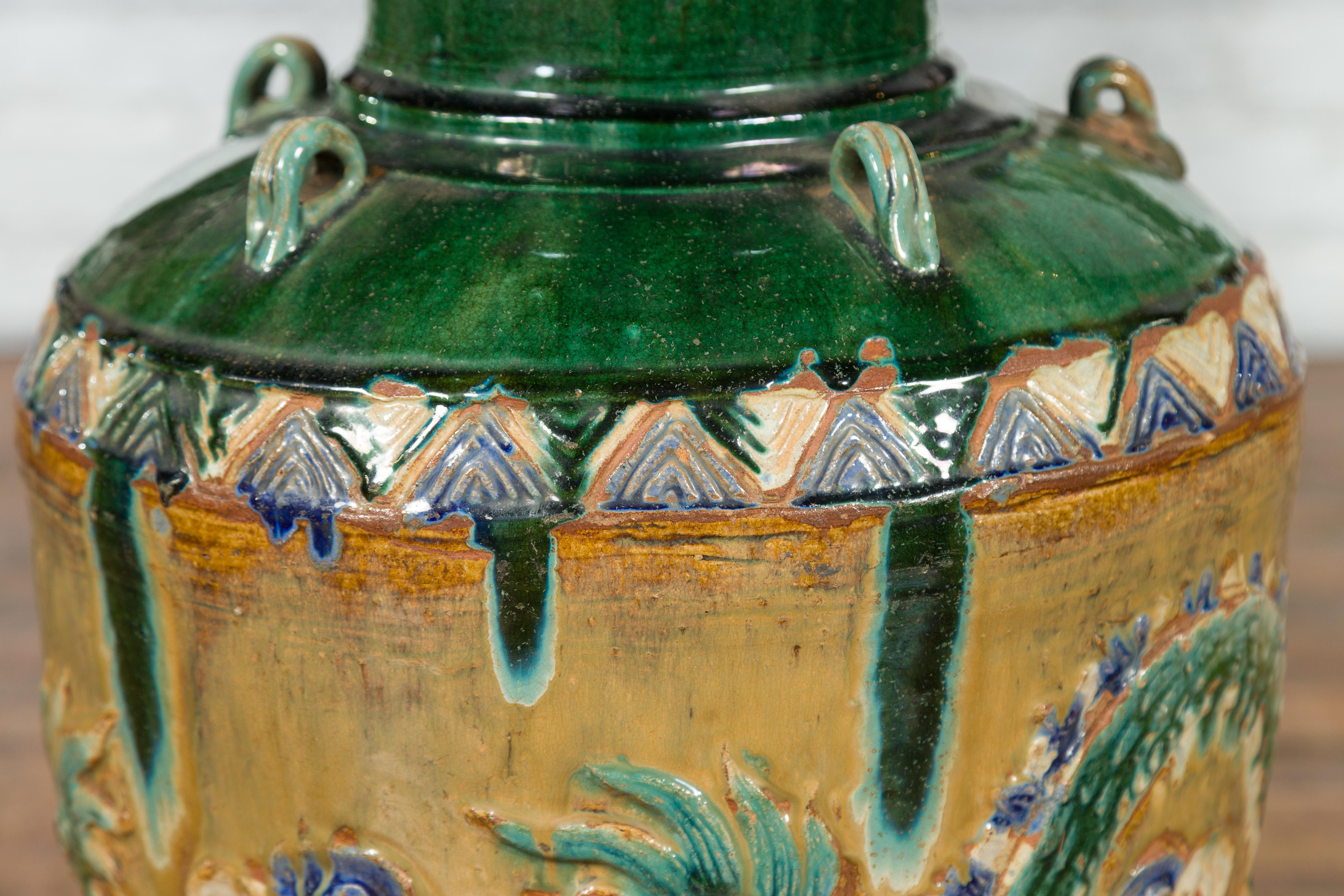 Annamese 17th Century Green Glazed Water Jar with Raised Dragon Motifs 2