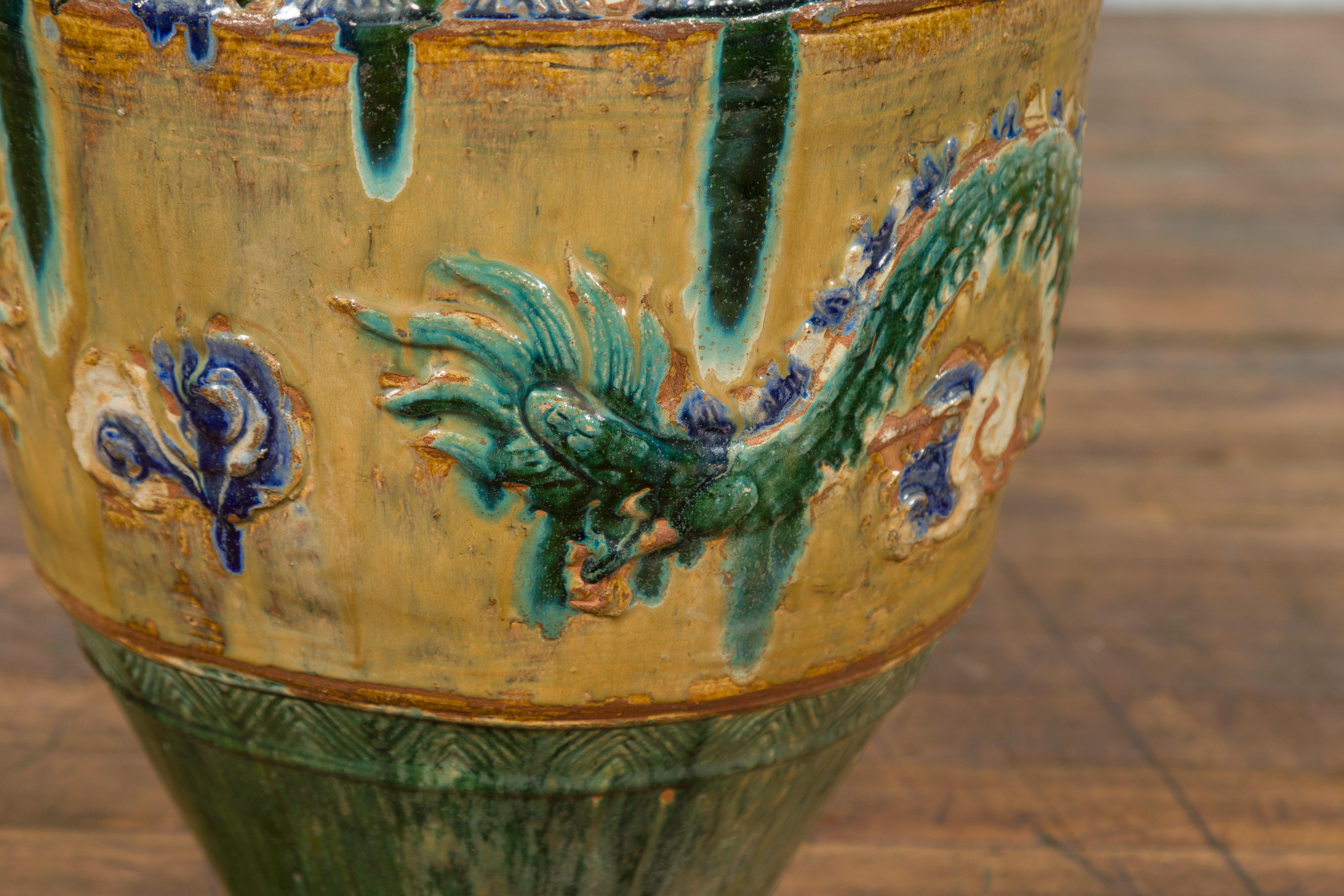 Annamese 17th Century Green Glazed Water Jar with Raised Dragon Motifs 3