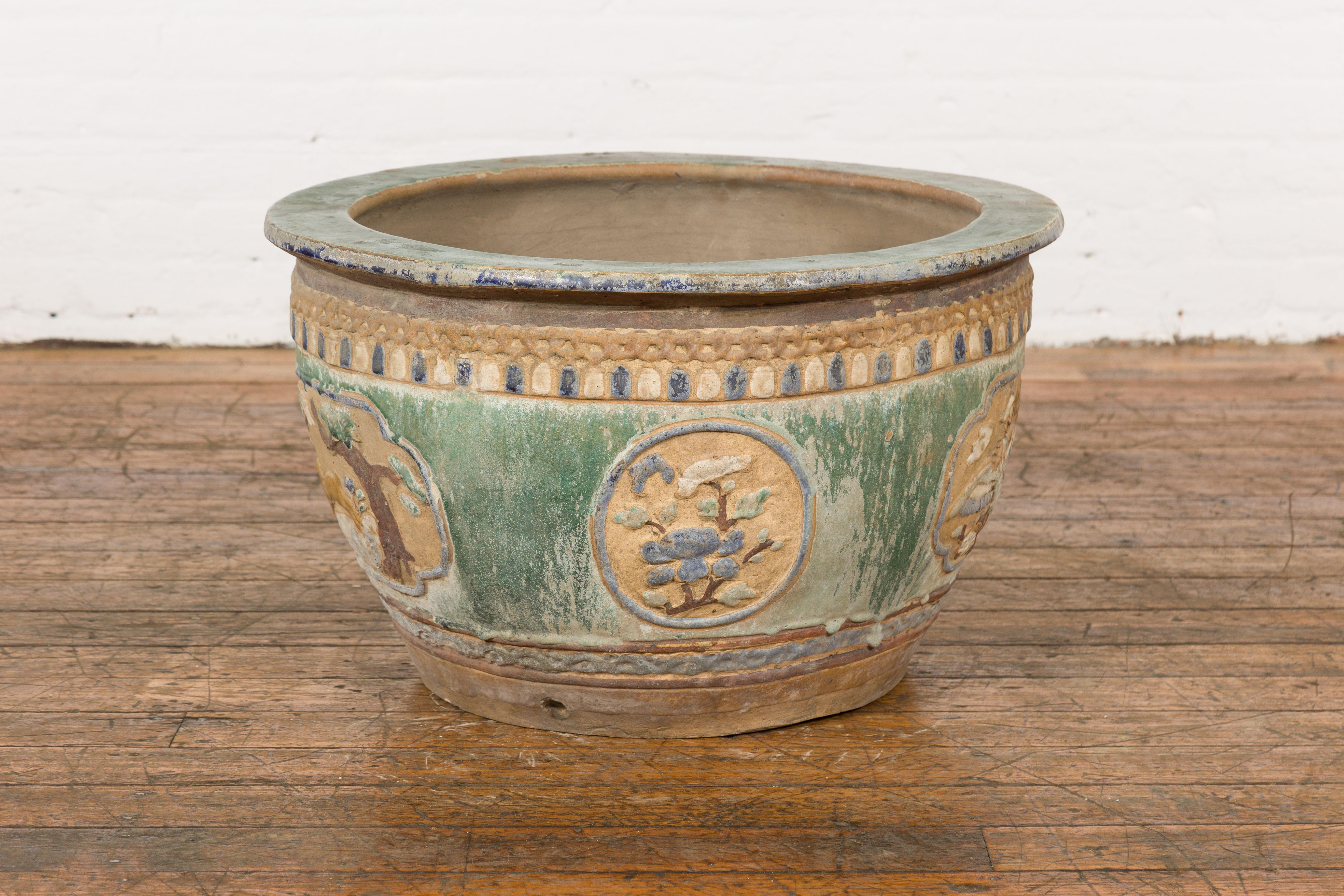 Annamese 19th Century Ceramic Planter with Green and Blue Glaze Décor 4
