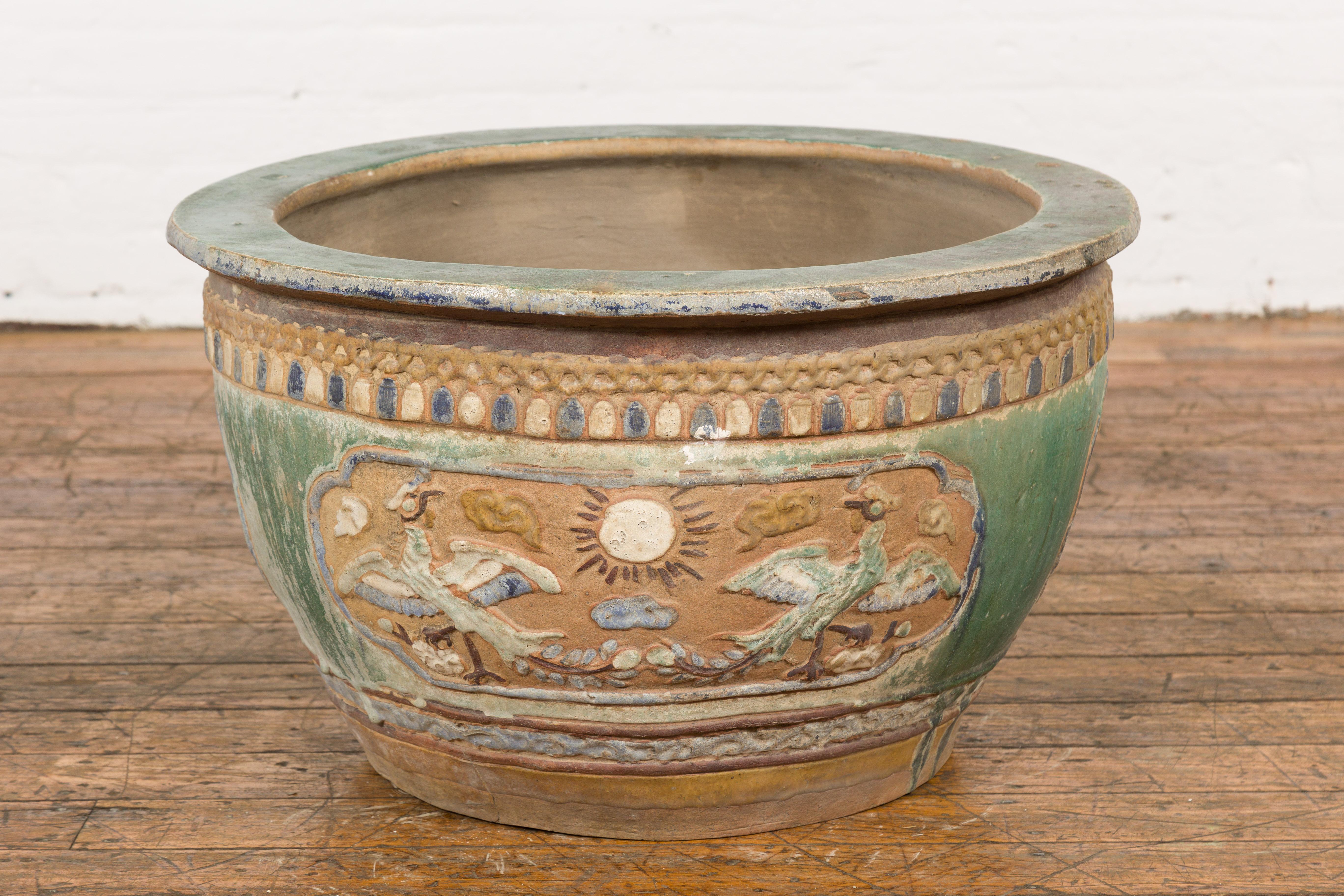 Vietnamese Annamese 19th Century Ceramic Planter with Green and Blue Glaze Décor