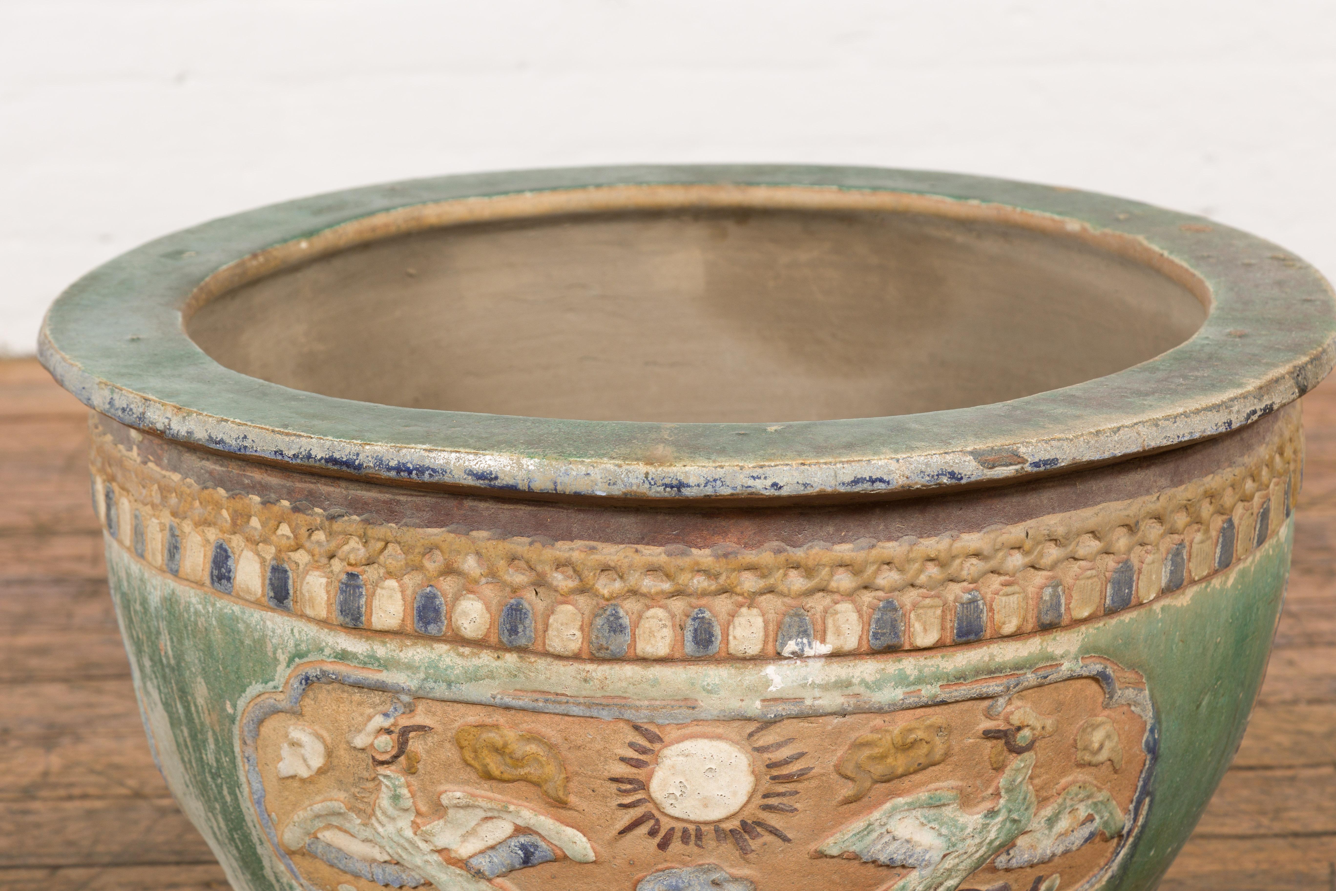 Annamese 19th Century Ceramic Planter with Green and Blue Glaze Décor In Good Condition In Yonkers, NY