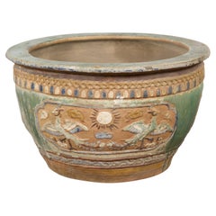 Annamese 19th Century Ceramic Planter with Green and Blue Glaze Décor