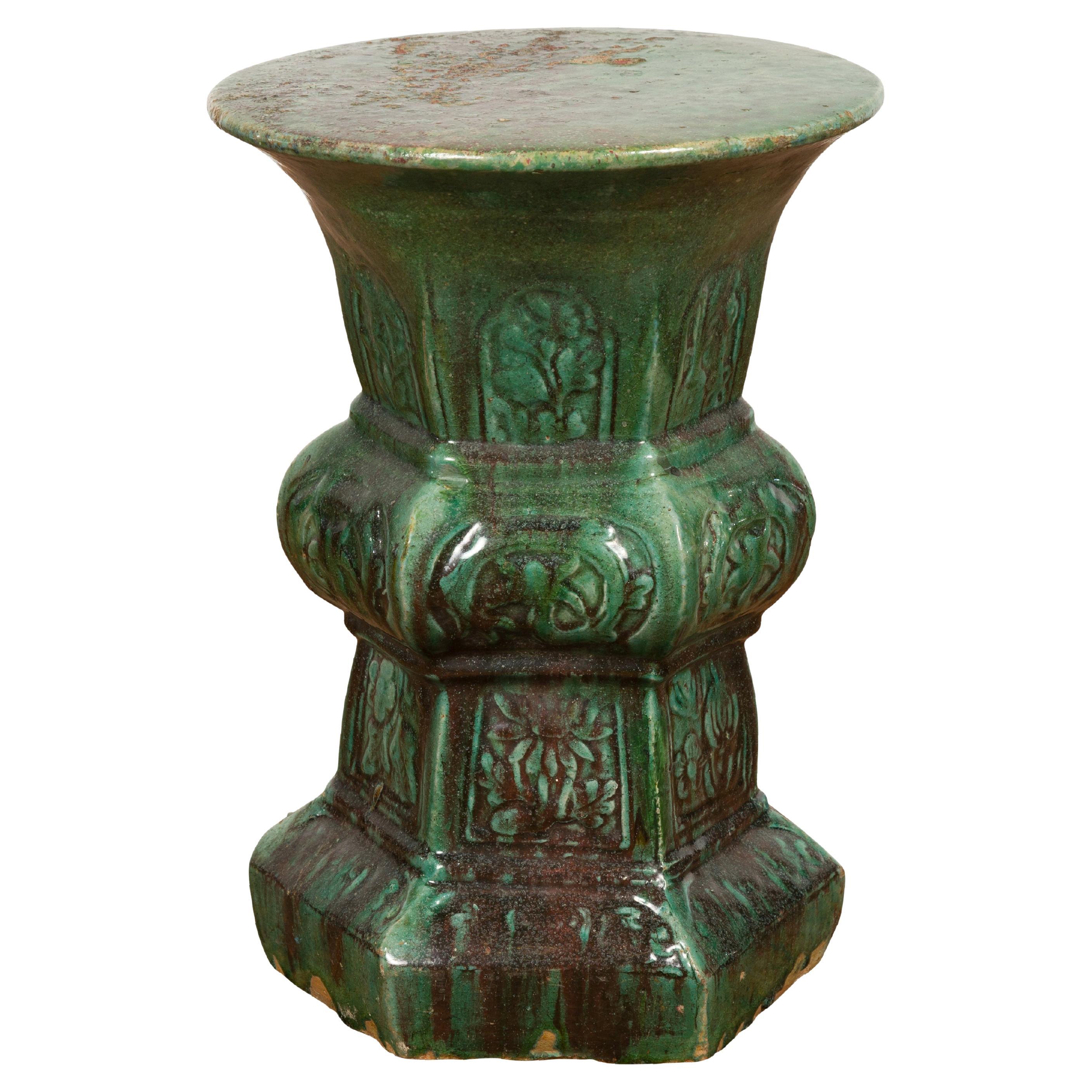 Annamese 19th Century Green Glazed Hourglass Garden Seat with Floral Décor