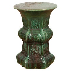 Antique Annamese 19th Century Green Glazed Hourglass Garden Seat with Floral Décor