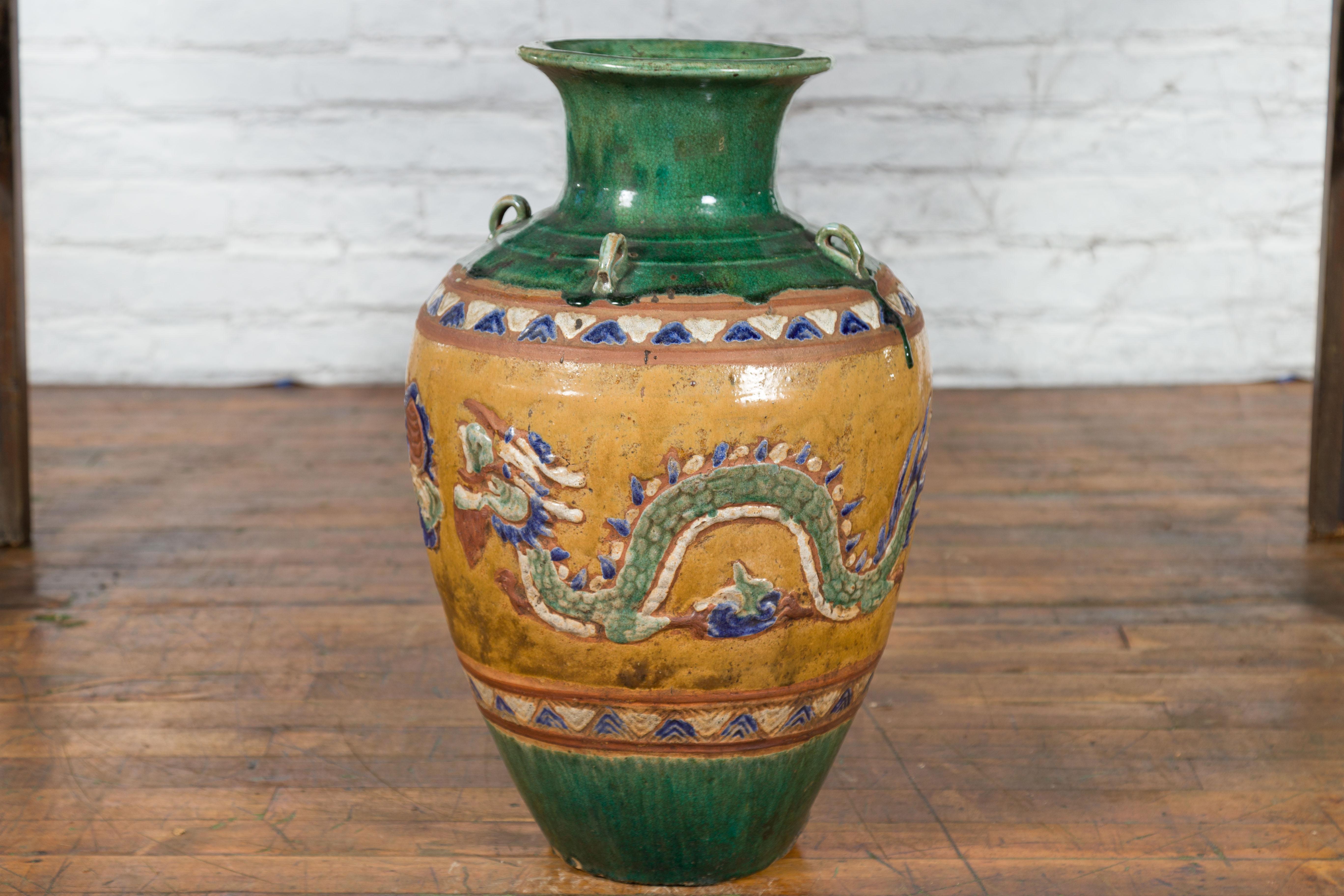 Annamese 19th Century Green Glazed Water Jar with Raised Dragon Motifs For Sale 5