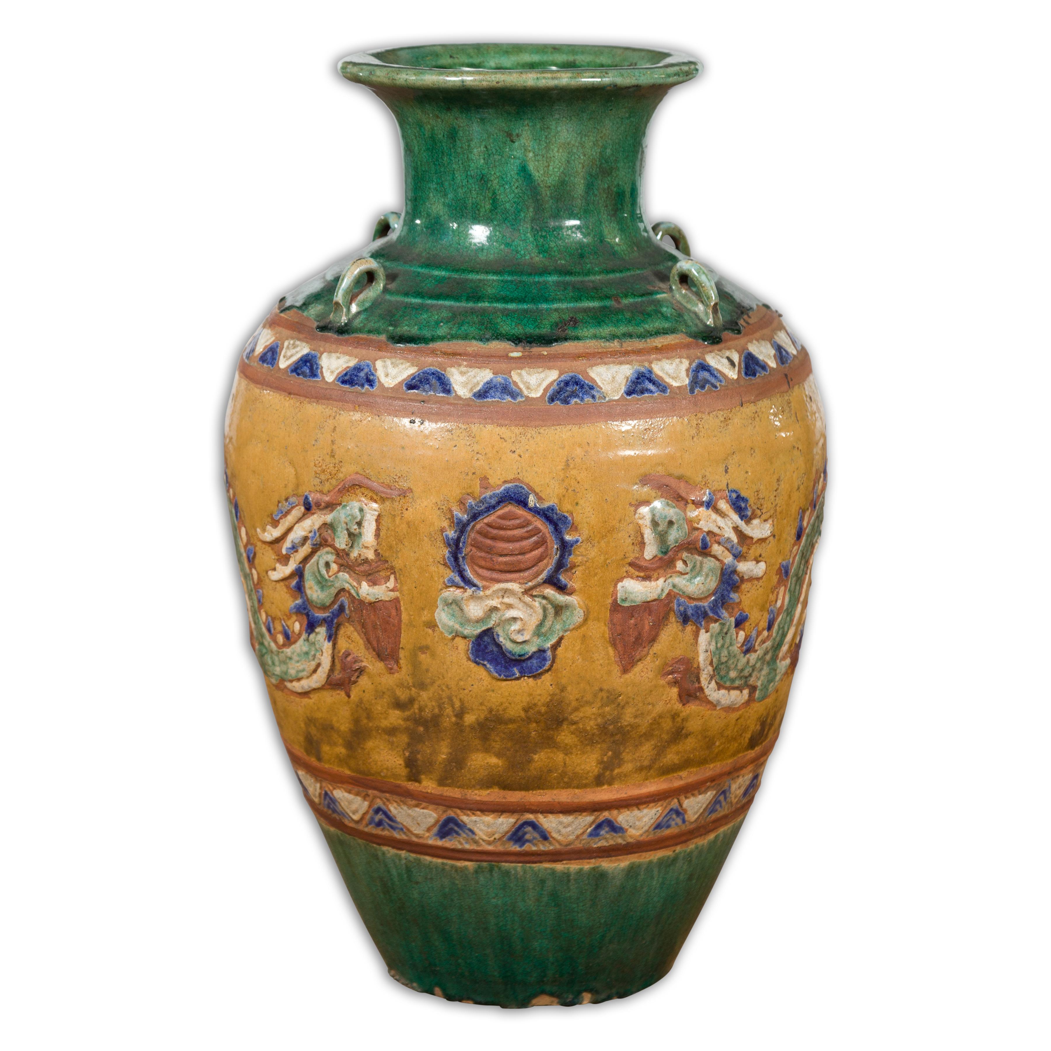 Annamese 19th Century Green Glazed Water Jar with Raised Dragon Motifs For Sale 11