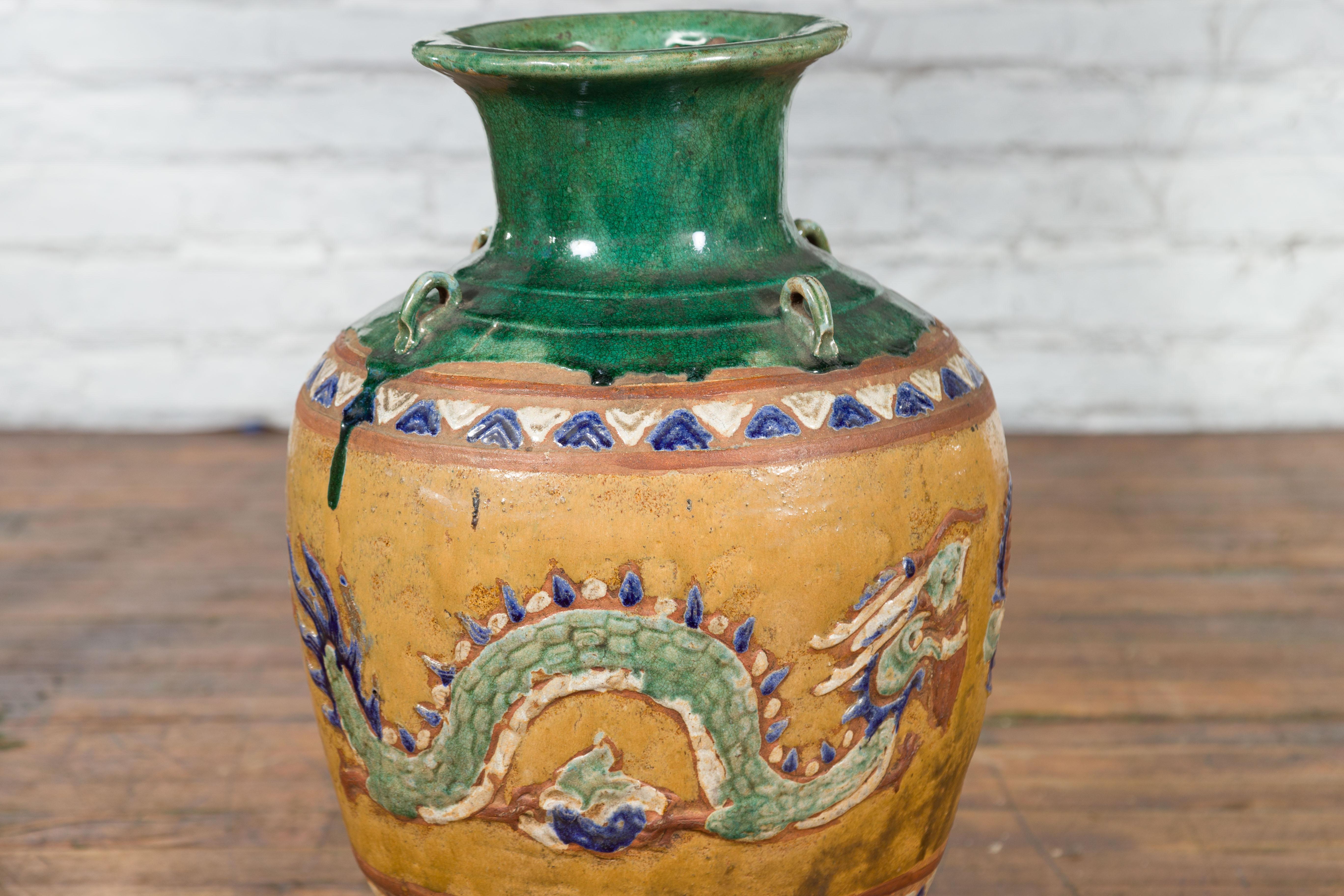 Annamese 19th Century Green Glazed Water Jar with Raised Dragon Motifs For Sale 1