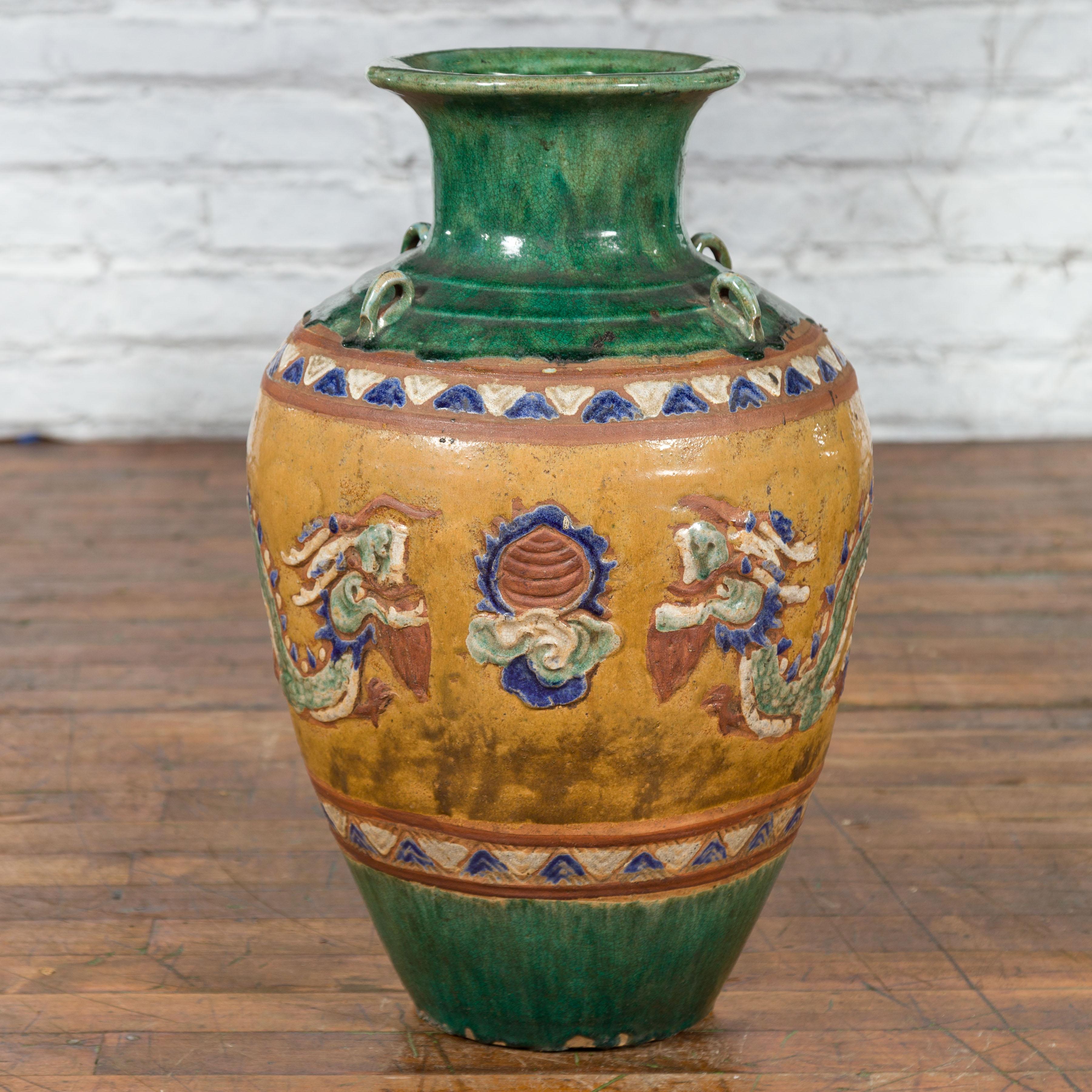 Annamese 19th Century Green Glazed Water Jar with Raised Dragon Motifs For Sale 3