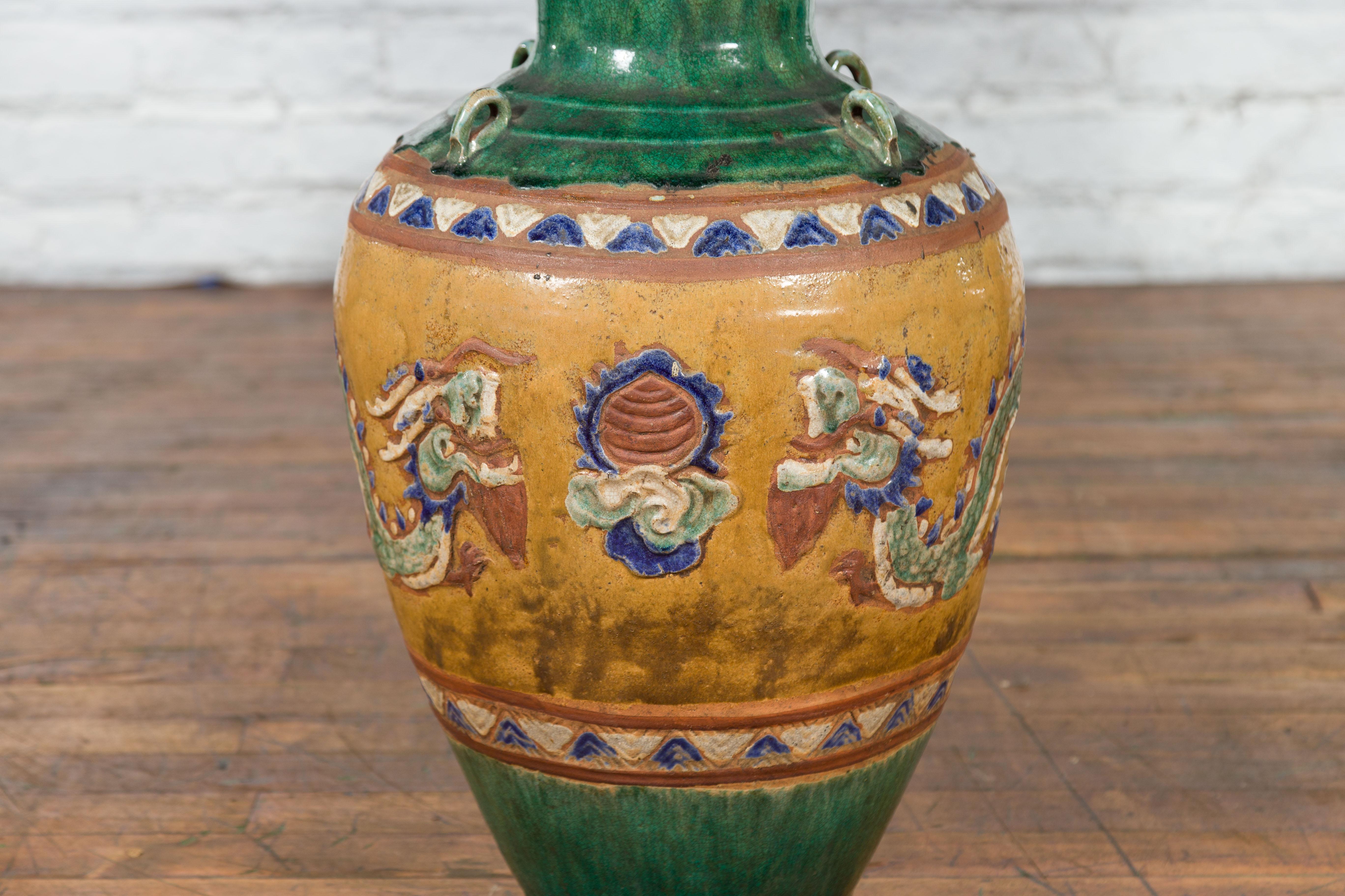 Annamese 19th Century Green Glazed Water Jar with Raised Dragon Motifs For Sale 4
