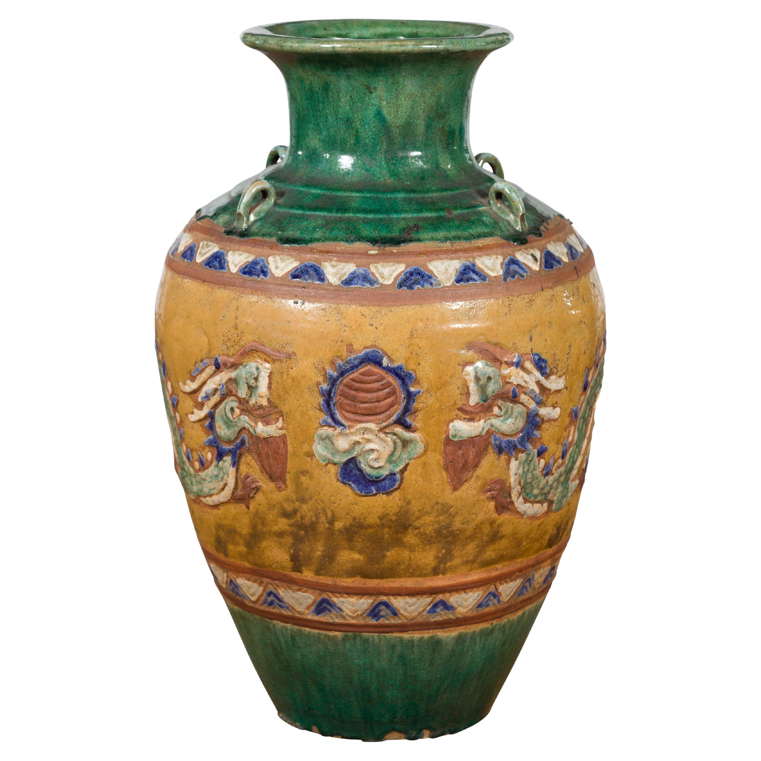 Annamese 19th Century Green Glazed Water Jar with Raised Dragon Motifs For Sale