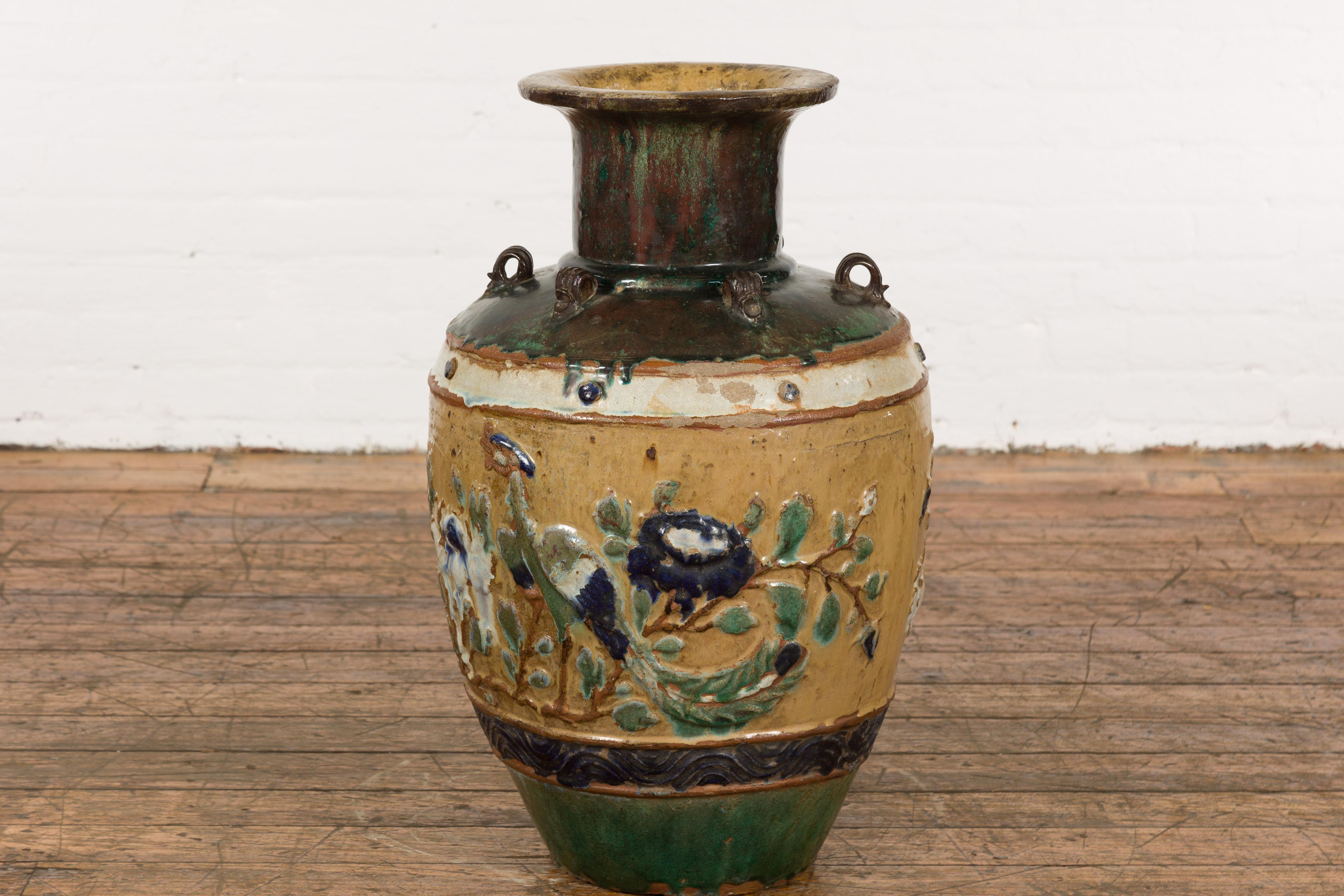Annamese 19th Century Multicolor Glazed Water Jar with Raised Peacock Motif For Sale 7