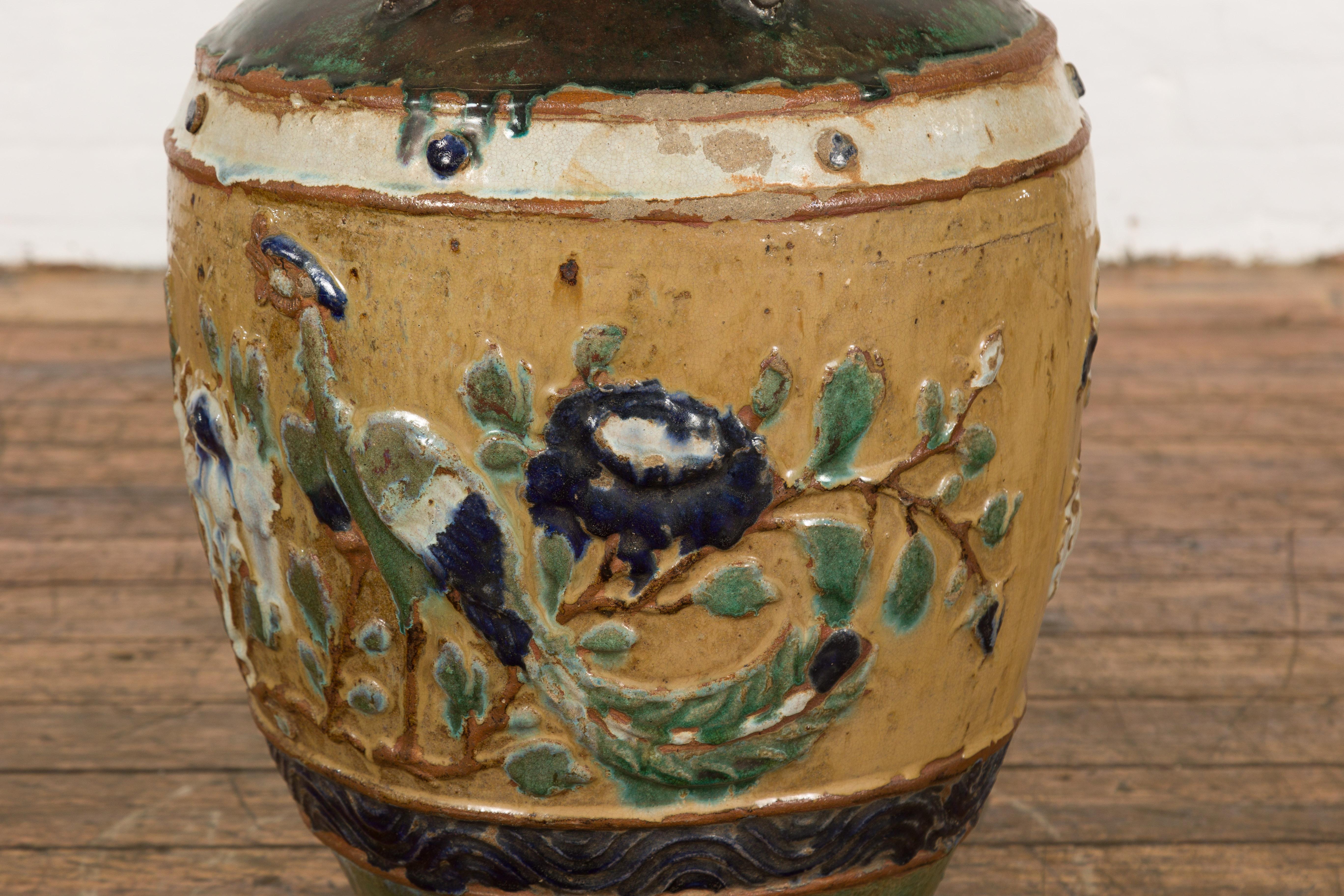 Annamese 19th Century Multicolor Glazed Water Jar with Raised Peacock Motif For Sale 9