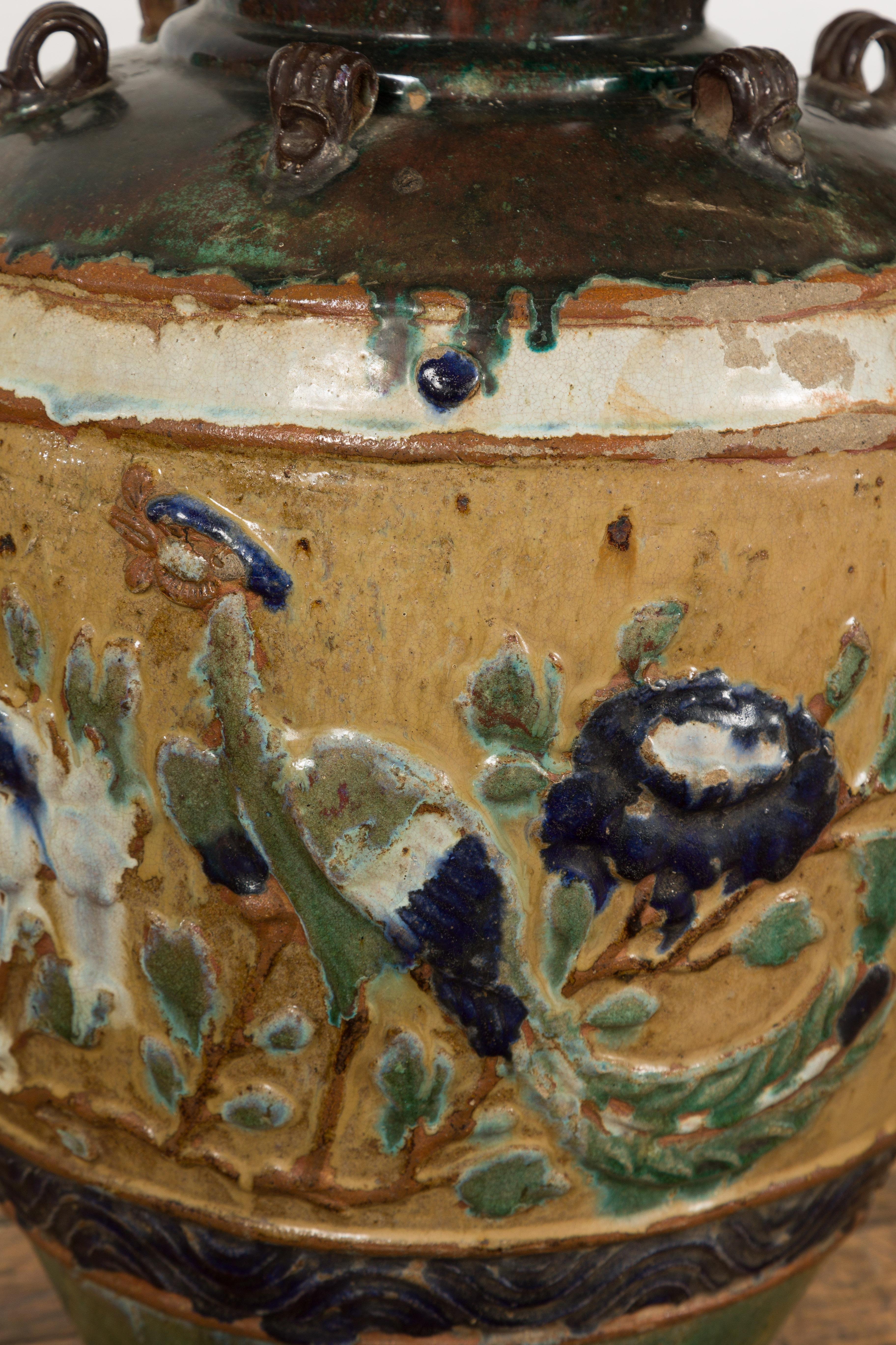 Annamese 19th Century Multicolor Glazed Water Jar with Raised Peacock Motif For Sale 10