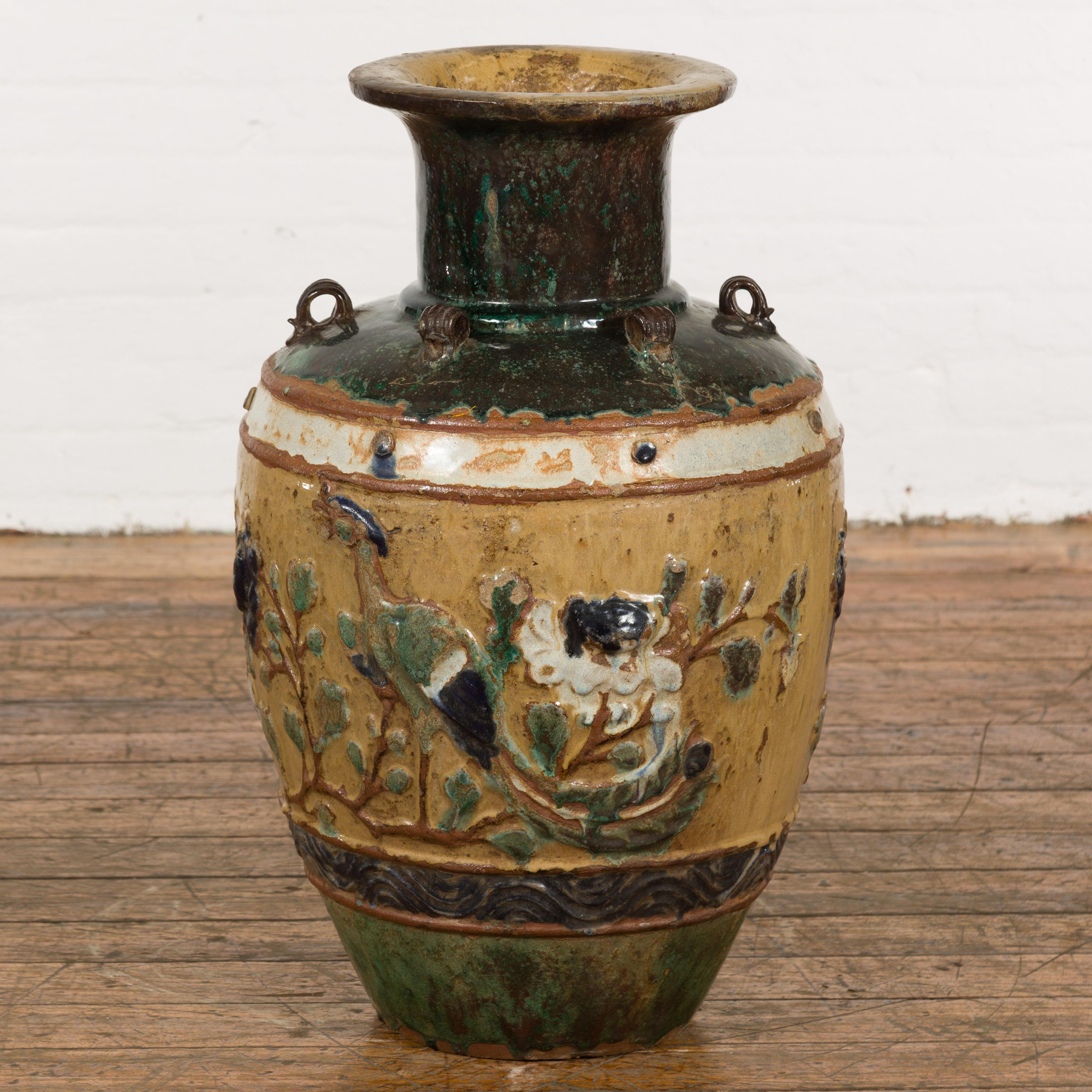 Annamese 19th Century Multicolor Glazed Water Jar with Raised Peacock Motif For Sale 14